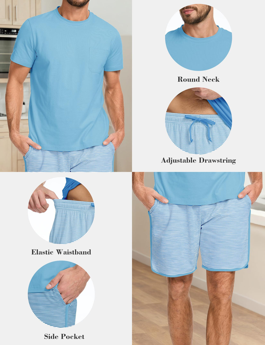 Mens Cotton Pajamas Set Stripe 2 Piece Lounge Set Pjs Summer Short Sleeve and Shorts Comfy Loungewear with Pockets WEBE CLOTHING