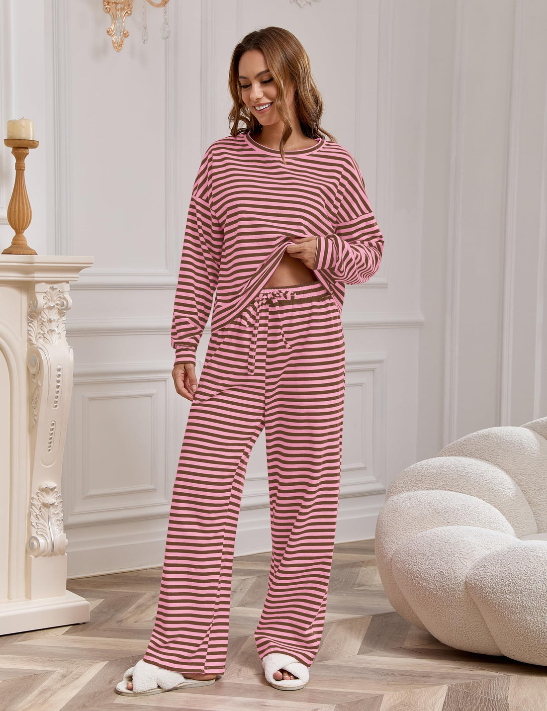 MISSACTIVER Women's Striped 2 Piece Lounge Set Casual Long Sleeve T-Shirt Drawstring Wide Leg Pants Matching Pajamas Set