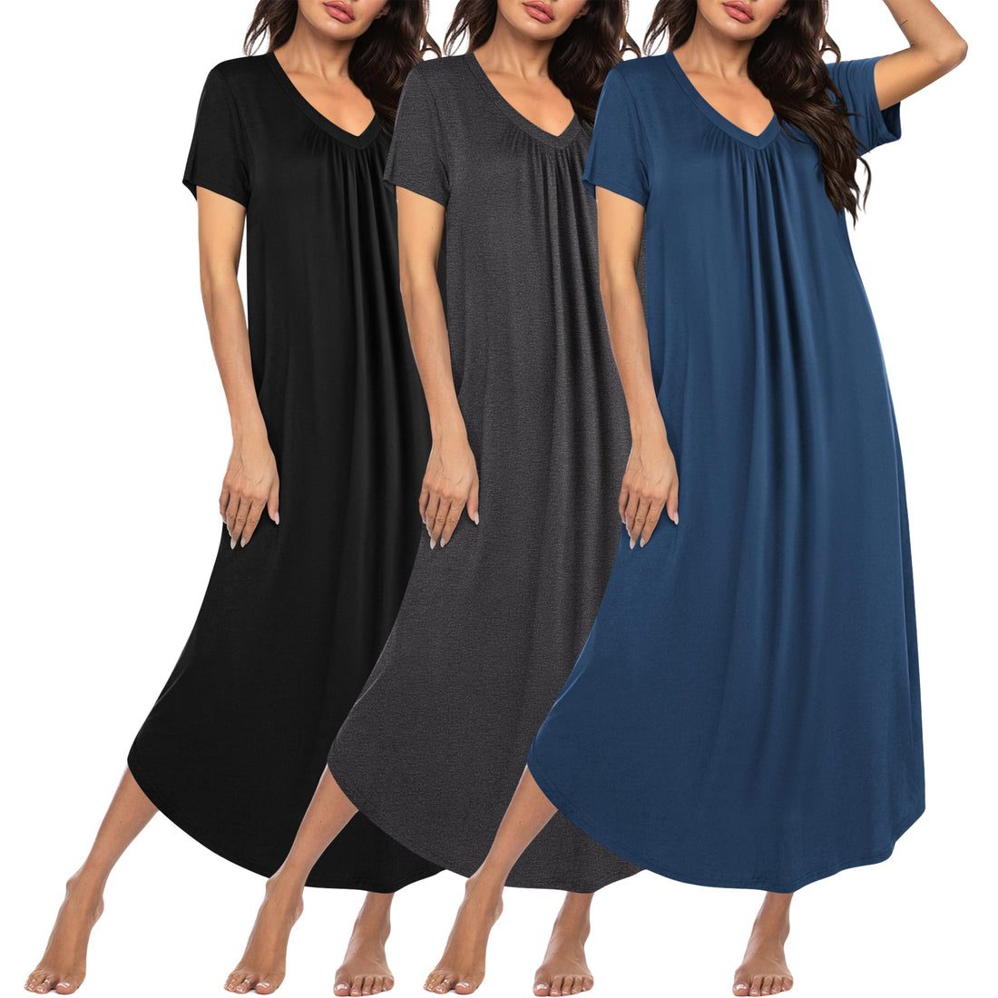 Ekouaer Long Nightgowns for Women 3 Pack House Dress Plus Size Moo Moos | V Neck Night Gowns,Short Sleeve Sleep Dress,Ladies Lounge Dress,Soft Sleep Shirt,Casual Night dress for Sleeping,Daily Wear WEBE CLOTHING