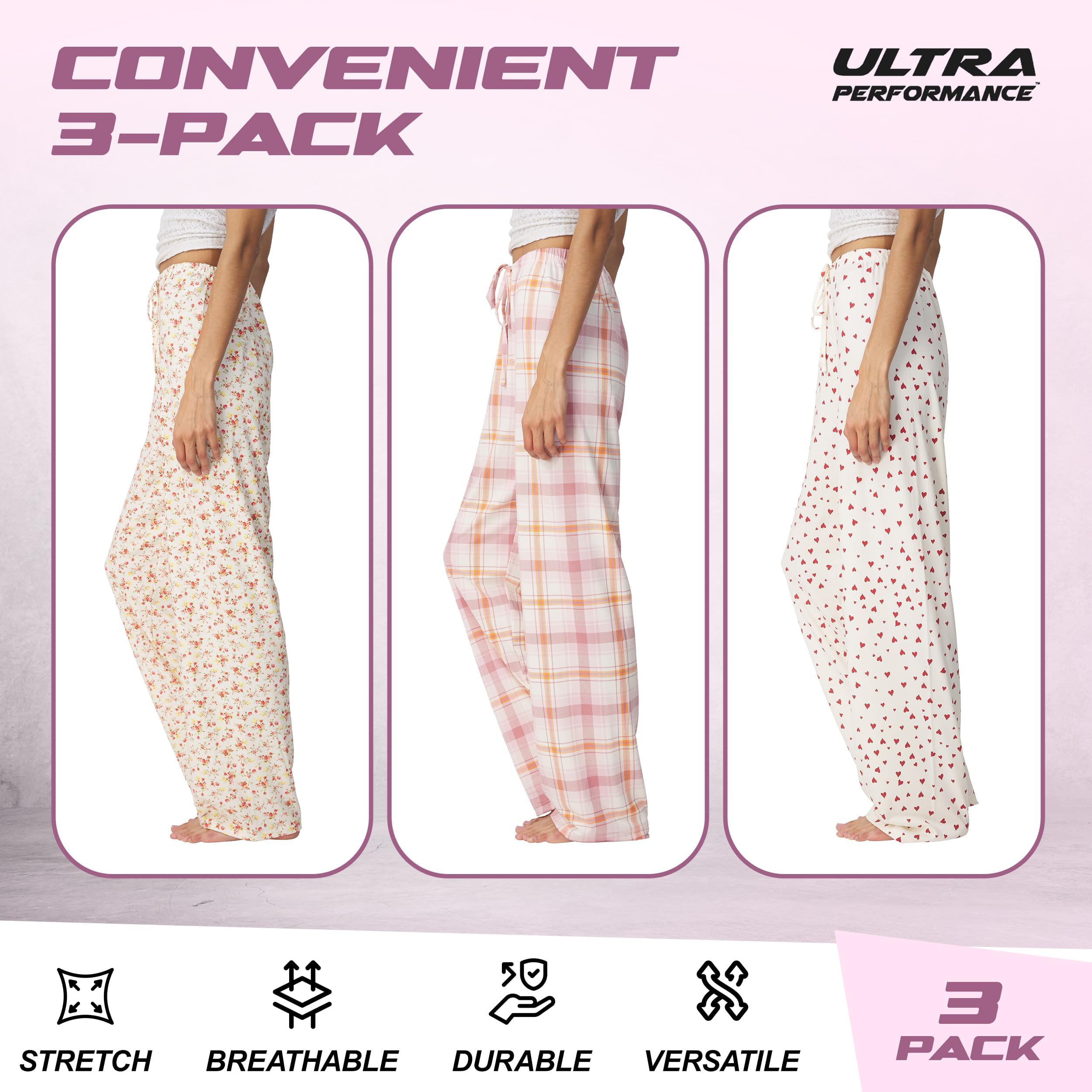 Ultra Performance Womens Pajama PJ Pants 3 Pack Lounge Bottoms Pajamas for Women (Avail in Plus Sizes)