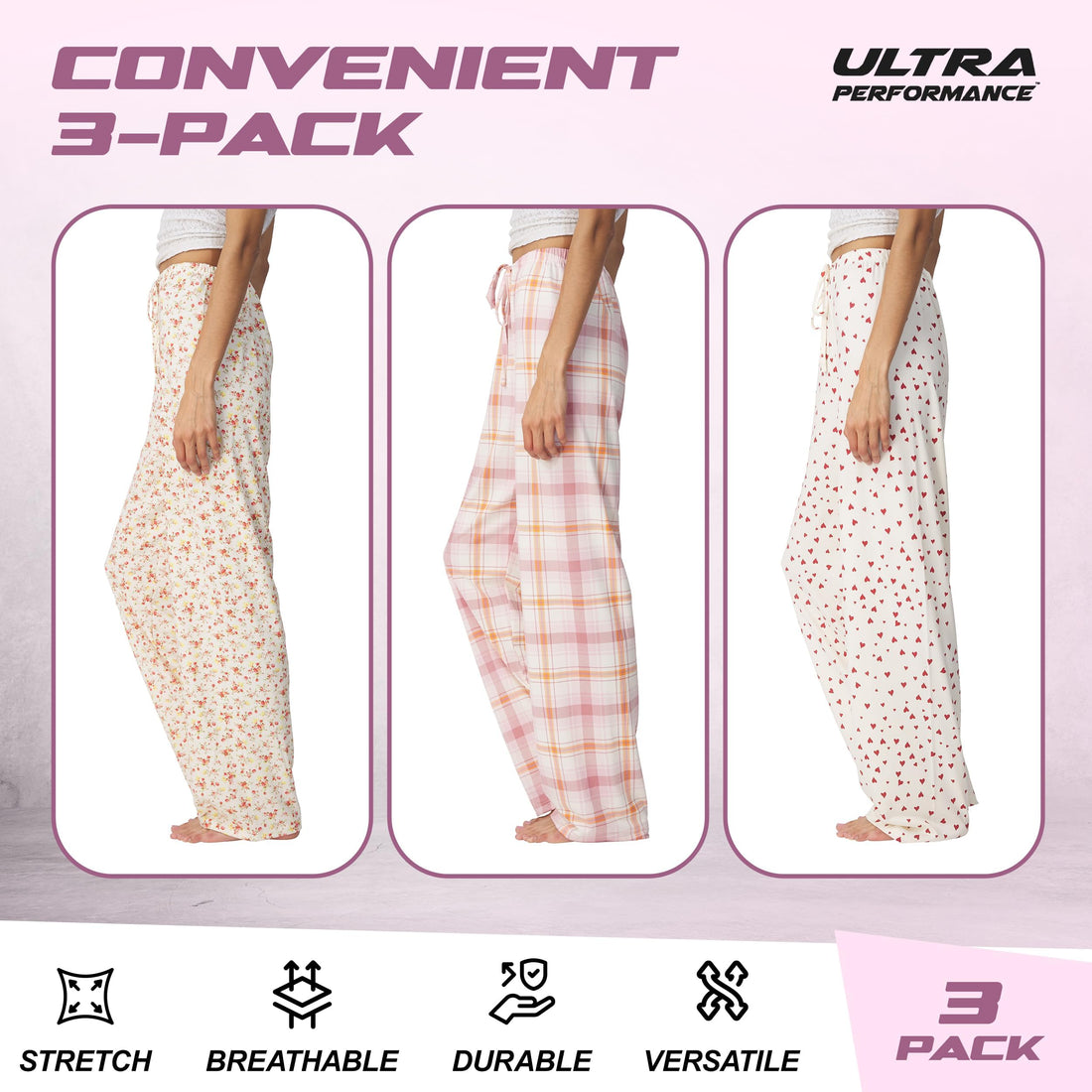 Ultra Performance Womens Pajama PJ Pants 3 Pack Lounge Bottoms Pajamas for Women (Avail in Plus Sizes)