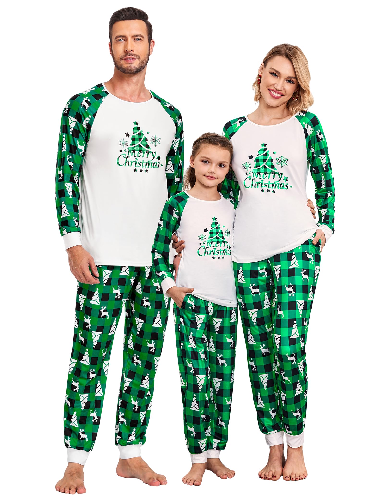 Ekouaer Christmas Pajamas for Family Long Sleeve Pjs Matching Sets with Plaid Pants Soft Sleepwear Loungewear