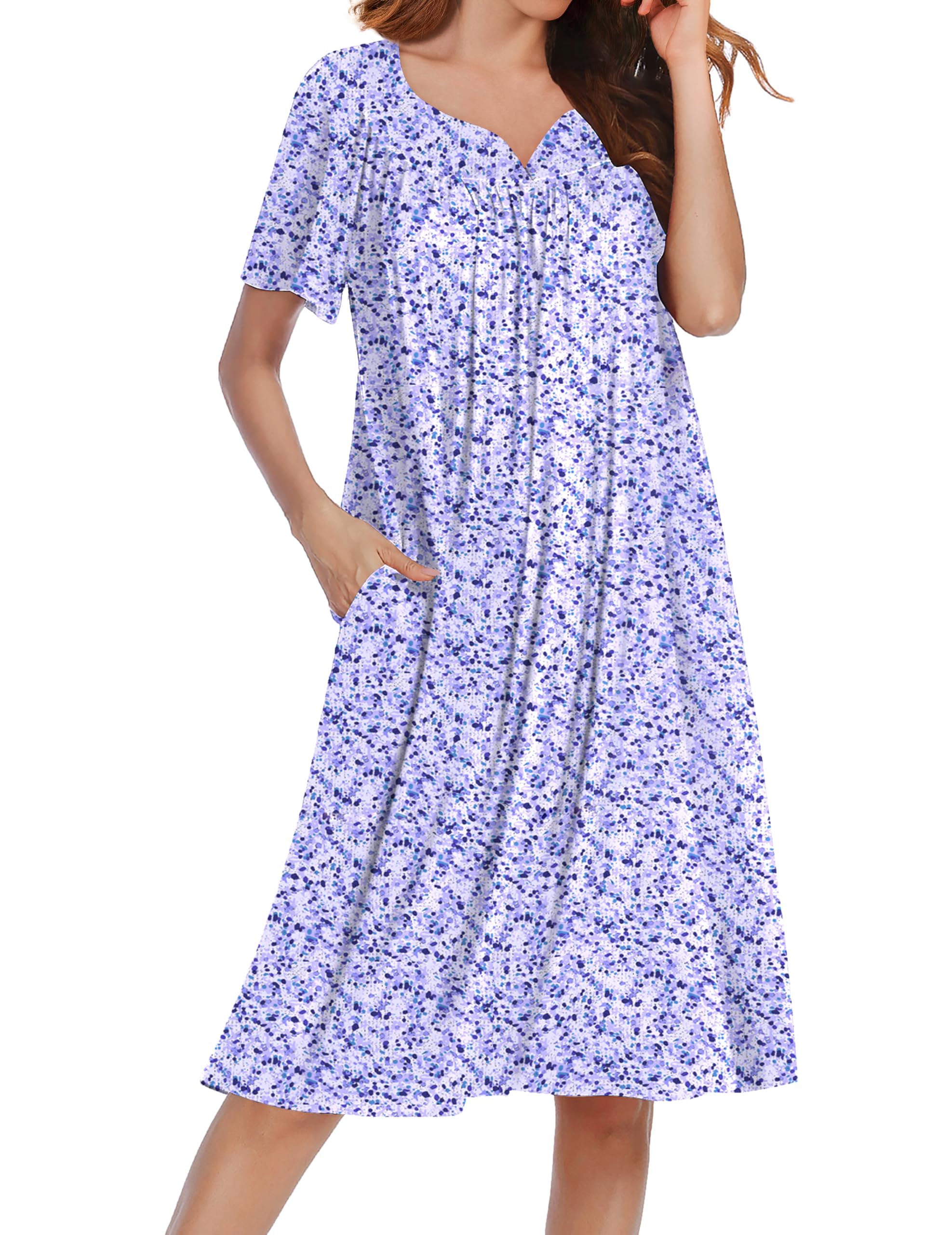 Ekouaer Nightgowns for Women House Dress Short Sleeve Moo Moo with Pockets | Pleated Mumu Dresses V Neck Sleepwear Short Sleeve Night Gowns Soft Sleep Shirts Plus Size Night Shirts Ladies Lounge Dress WEBE CLOTHING