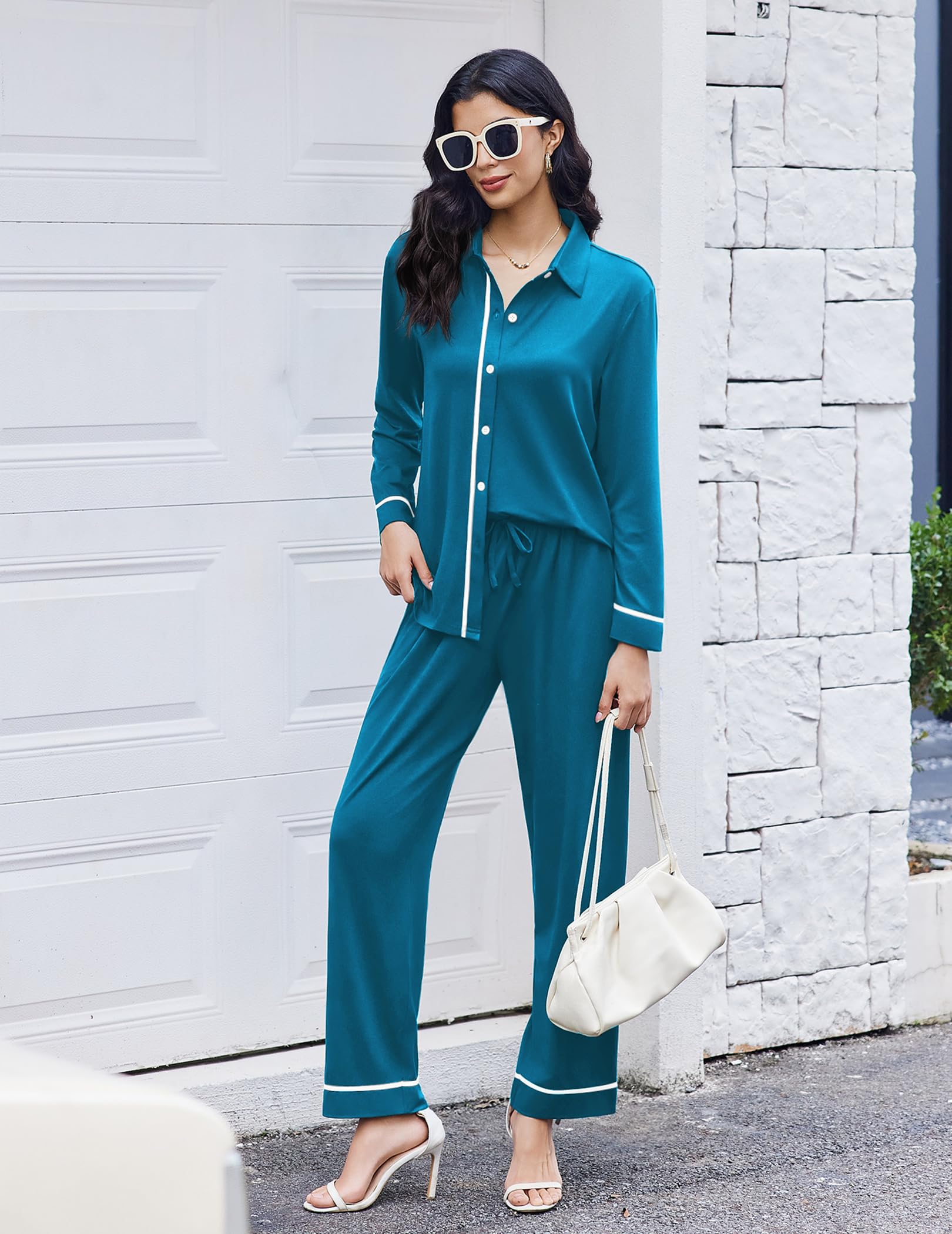 Ekouaer Womens Pajama Sets Long Sleeve Sleepwear Soft Button Down Pjs 2 Piece Loungewear witn Pants S-XXL