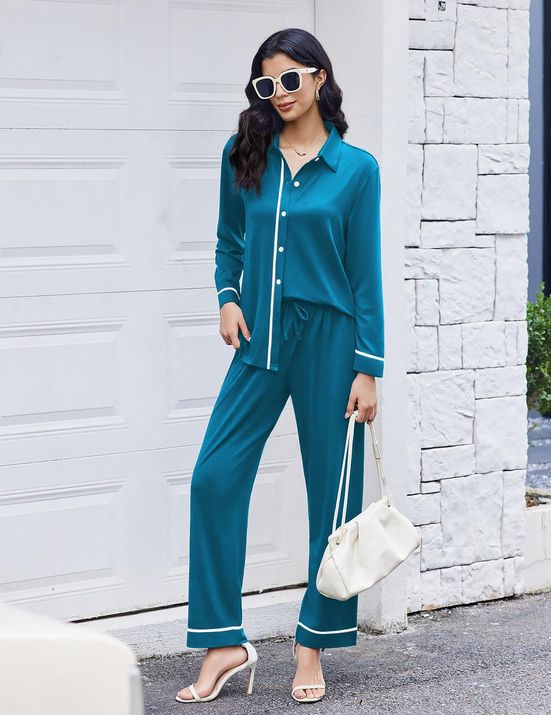 Ekouaer Womens Pajama Sets Long Sleeve Sleepwear Soft Button Down Pjs 2 Piece Loungewear witn Pants S-XXL