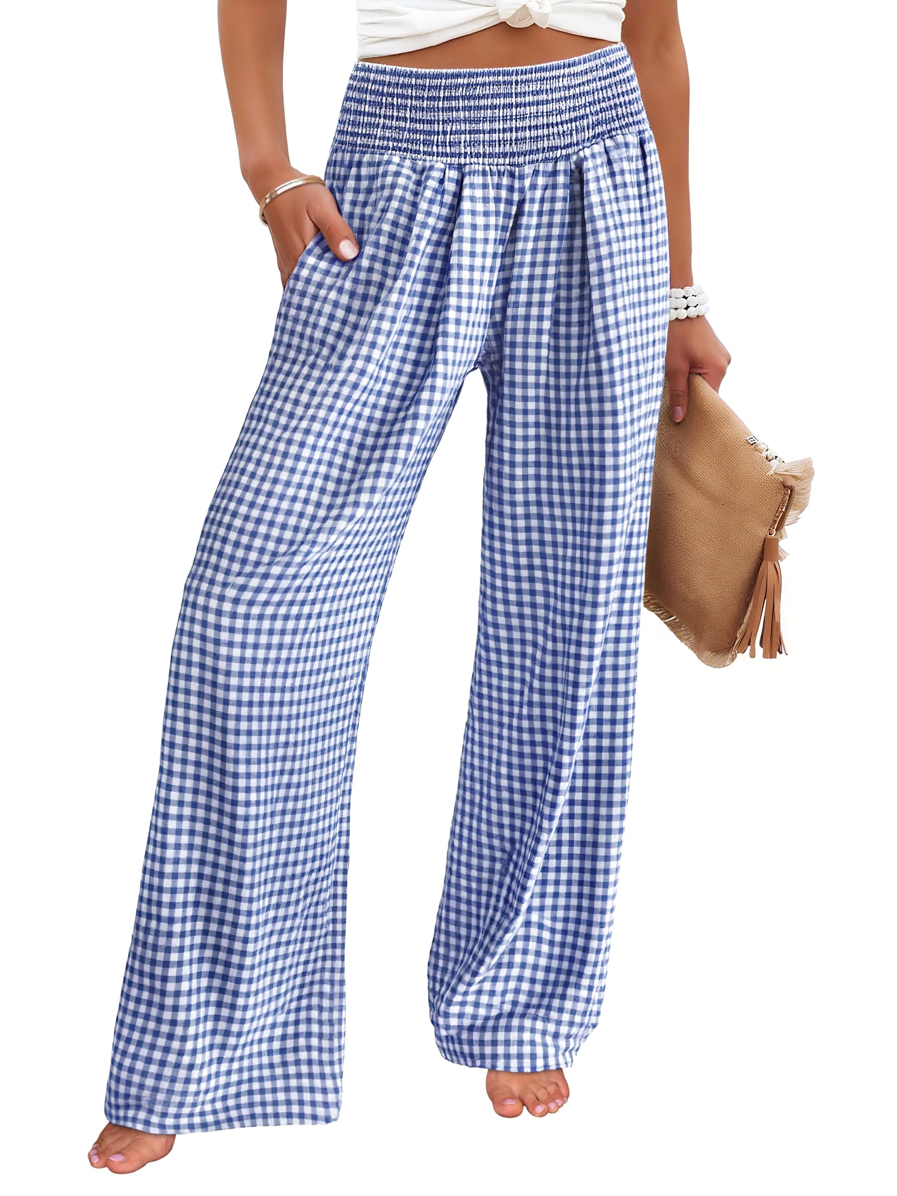 ANRABESS Womens Striped Gingham Palazzo Pants | Wide Leg Smocked High Waisted Pajama Pants, Lounge & Casual, Summer Fall Cute Pants with Pockets