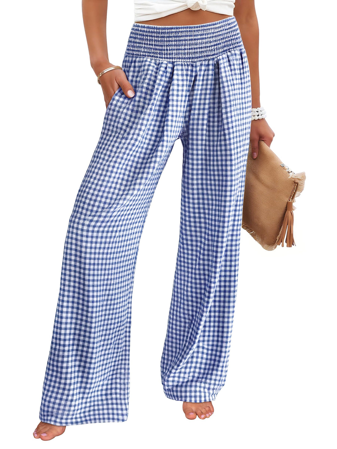 ANRABESS Womens Striped Gingham Palazzo Pants | Wide Leg Smocked High Waisted Pajama Pants, Lounge & Casual, Summer Fall Cute Pants with Pockets