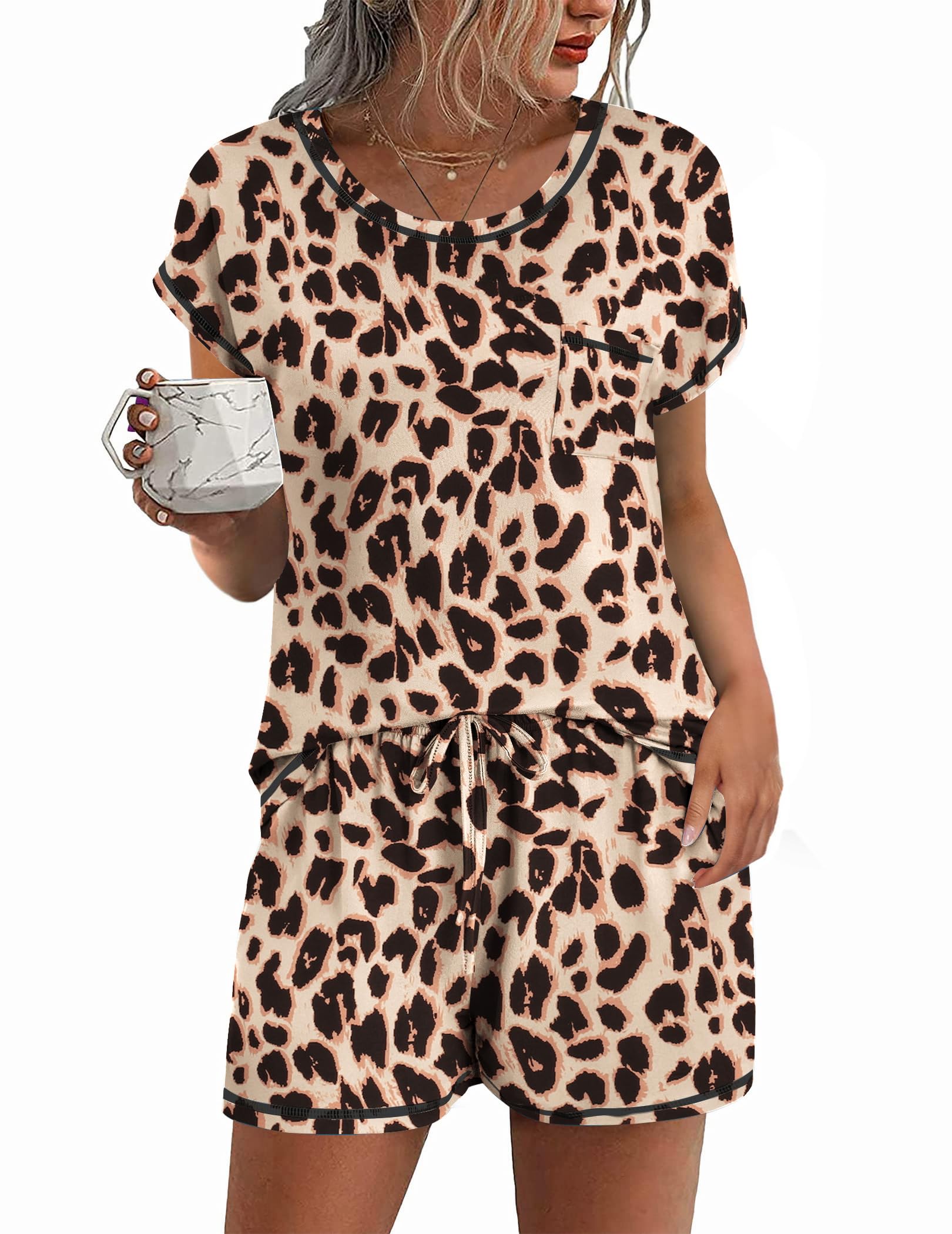Ekouaer Womens Pajama Sets 2 Piece Soft Short Sleeve Top and Shorts Sleepwear Round Neck Pjs Lounge Set with Pockets