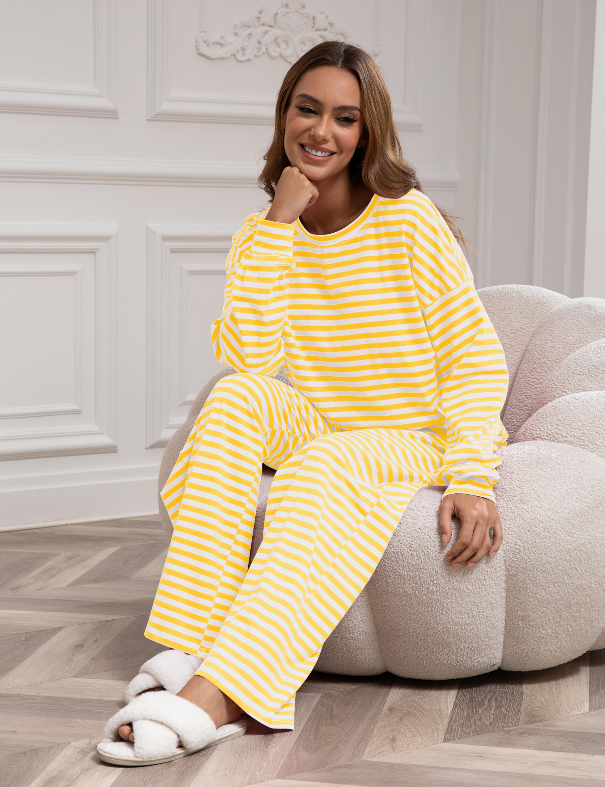 MISSACTIVER Women's Striped 2 Piece Lounge Set Casual Long Sleeve T-Shirt Drawstring Wide Leg Pants Matching Pajamas Set