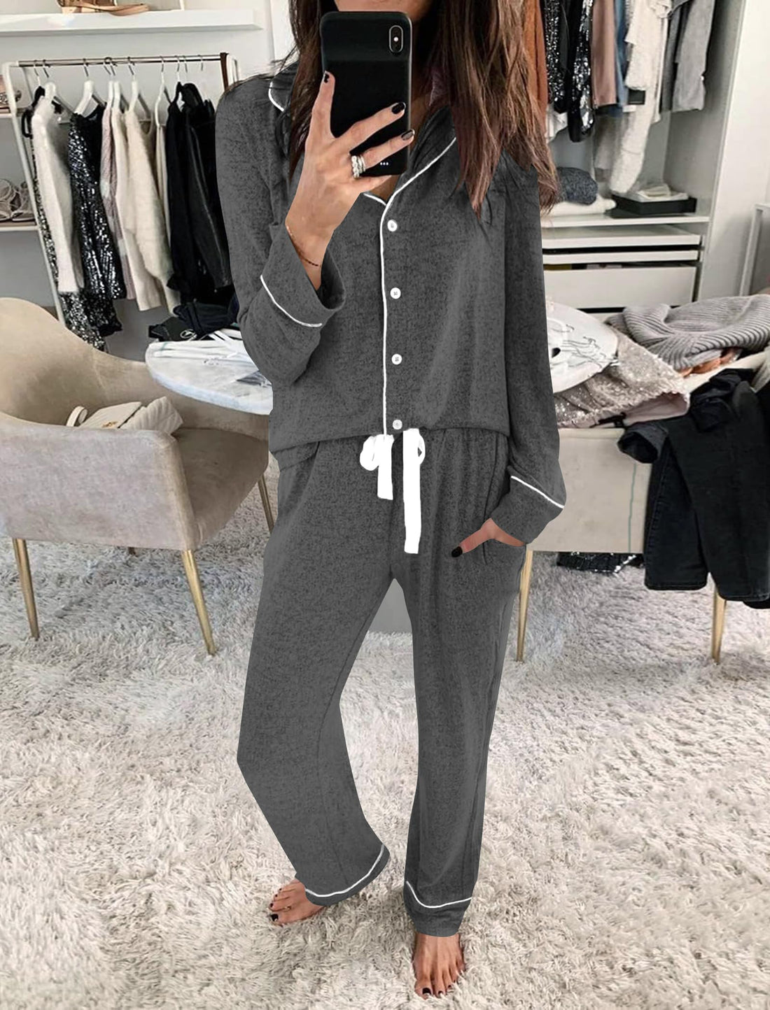 Womens Long Sleeve Pajamas Set Soft Sleepwear Button Down Shirt and Long Pants Pj Lounge Sets S-XXL with Pockets