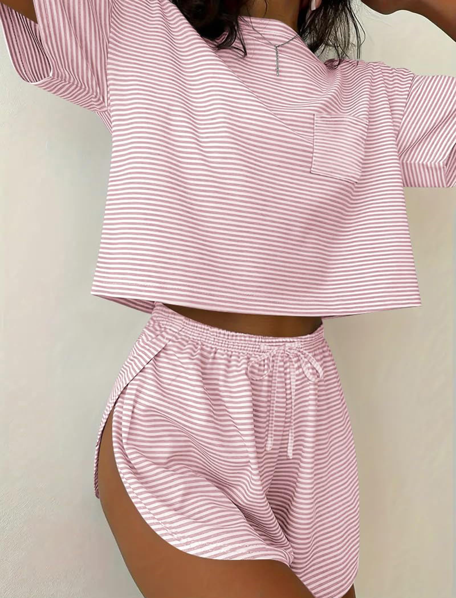 Women's 2 Piece Pajama Set Short Sleeve Sexy Side Split Short Lounge Set Cute Comfy Sleepwear Loungewear