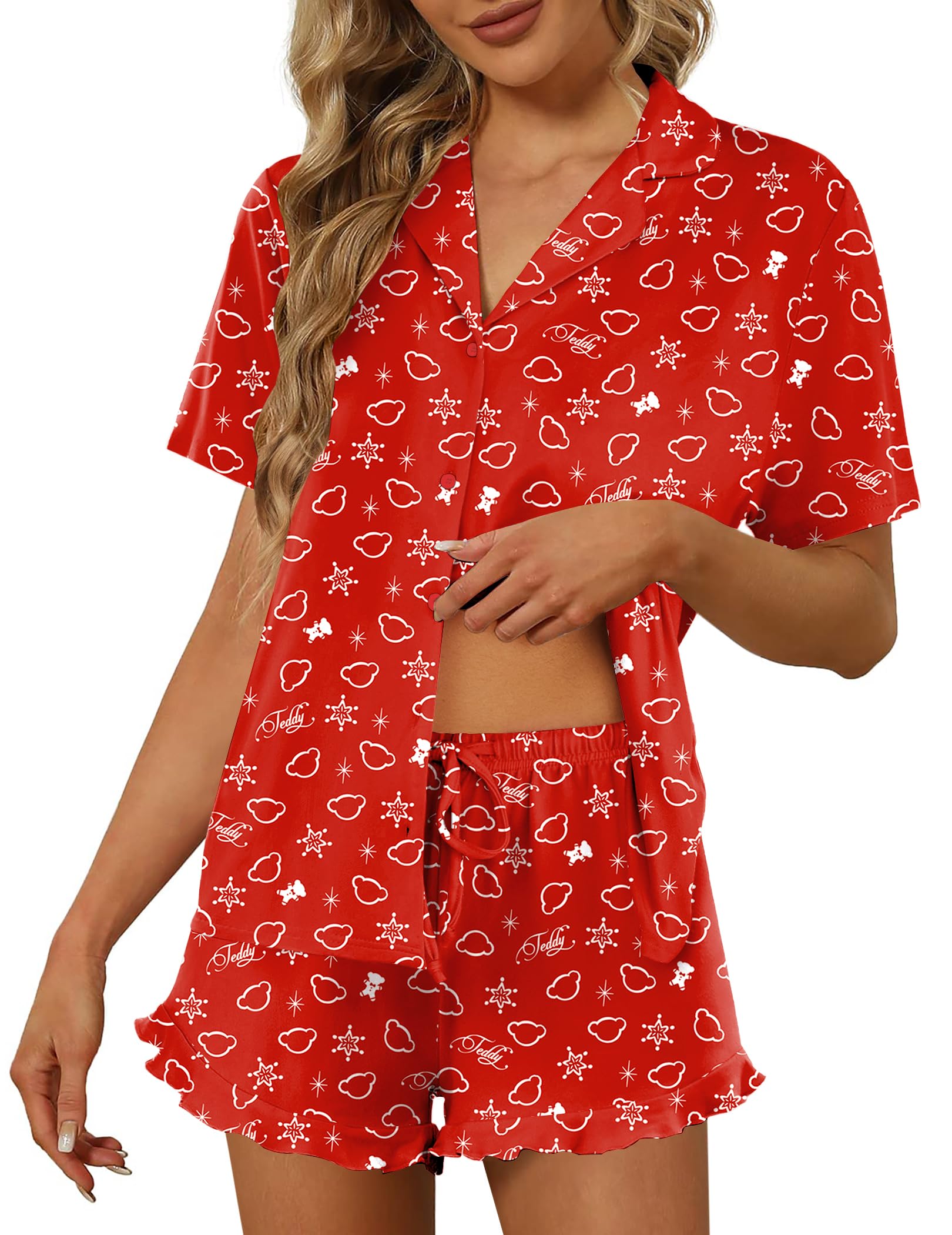 Ekouaer Pajamas Set for Women Short Sleeve Sleepwear Button Down Pjs Lounge Sets Soft Nightwear