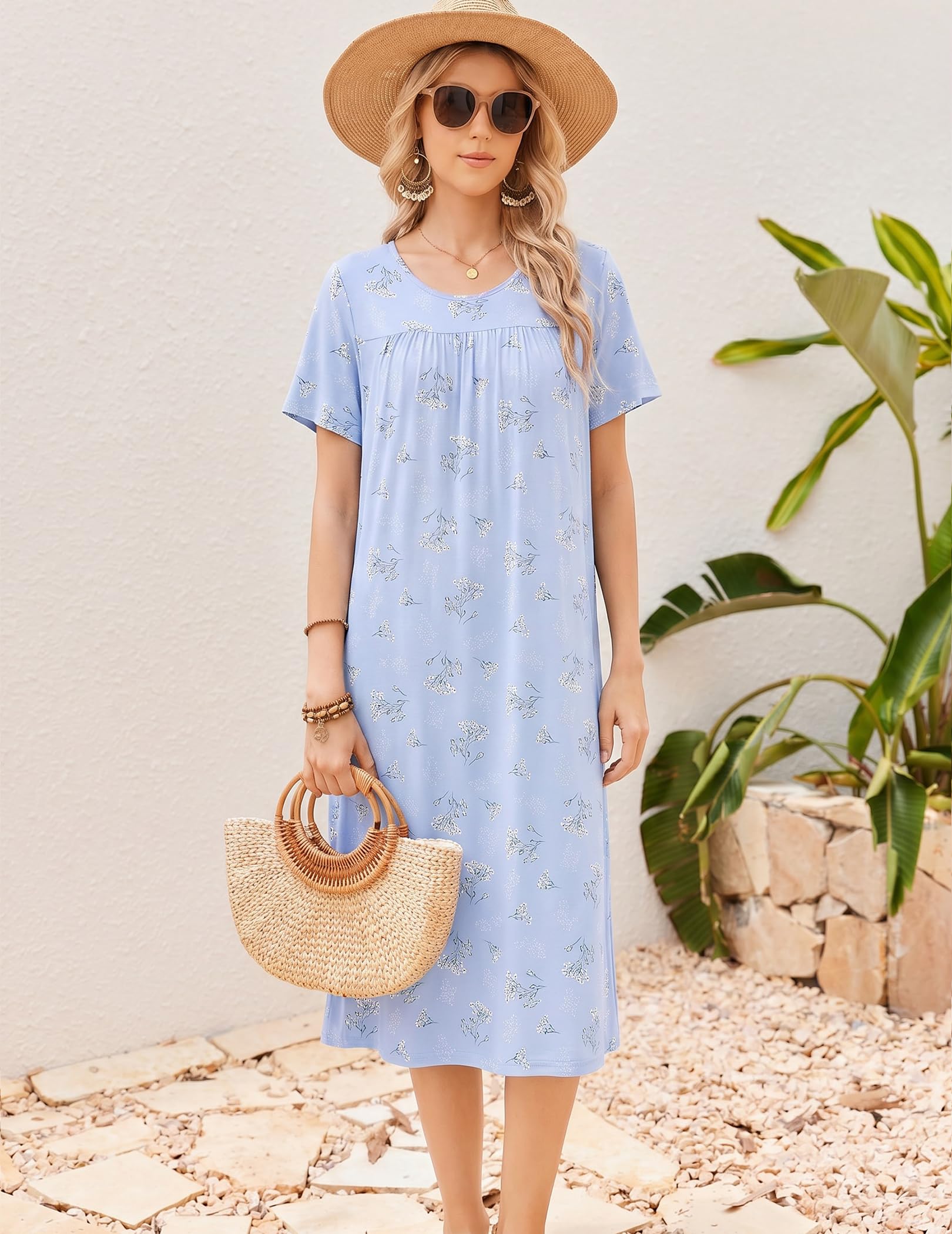 Ekouaer Long Nightgowns for Women Bamboo Viscose Short Sleeve Soft House Dress WEBE CLOTHING