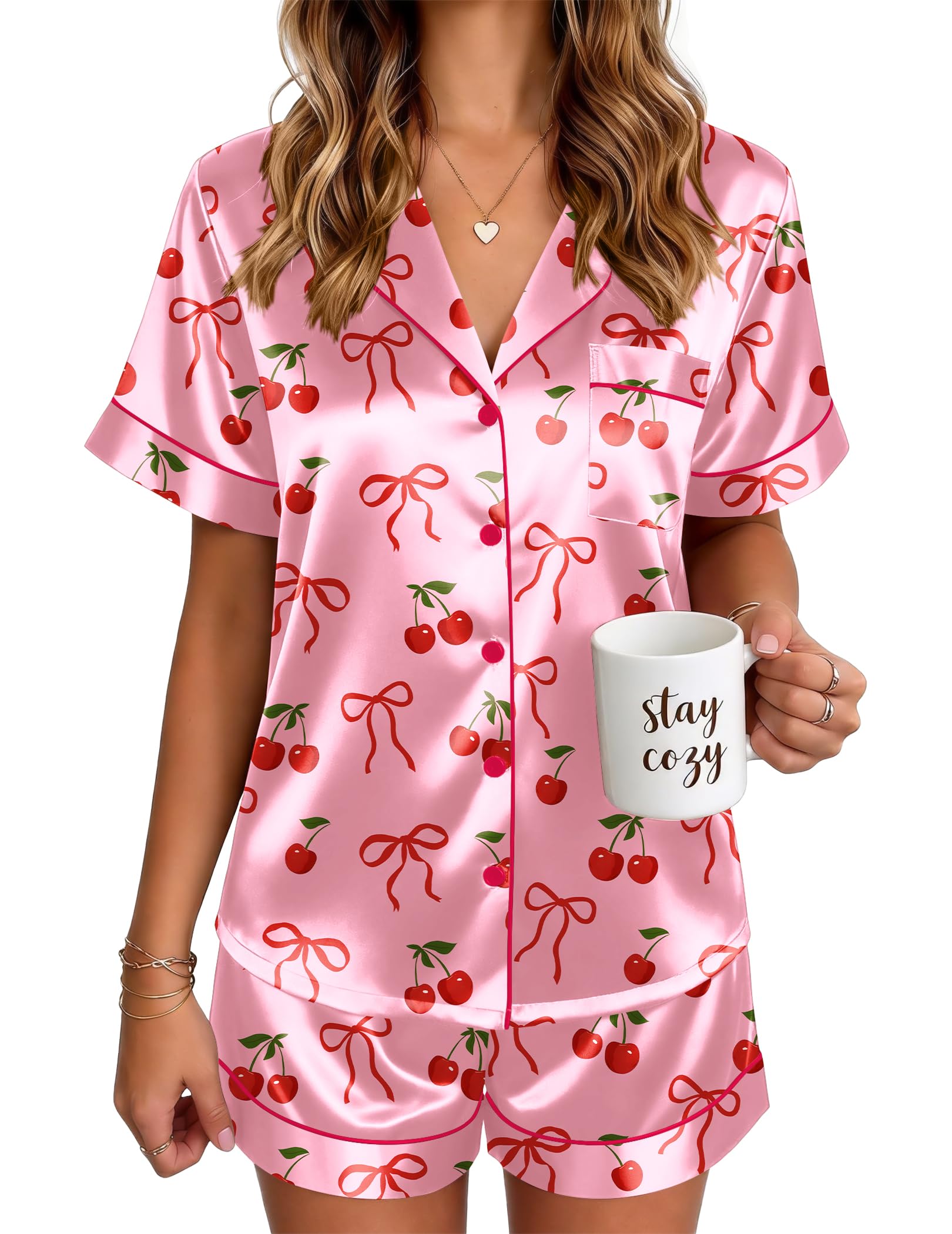 Ekouaer Satin Pajamas for Women Silk Pjs Short Set 2 Piece Button Up Lounge Sets Short Sleeve Sleepwear S-XXL WEBE CLOTHING