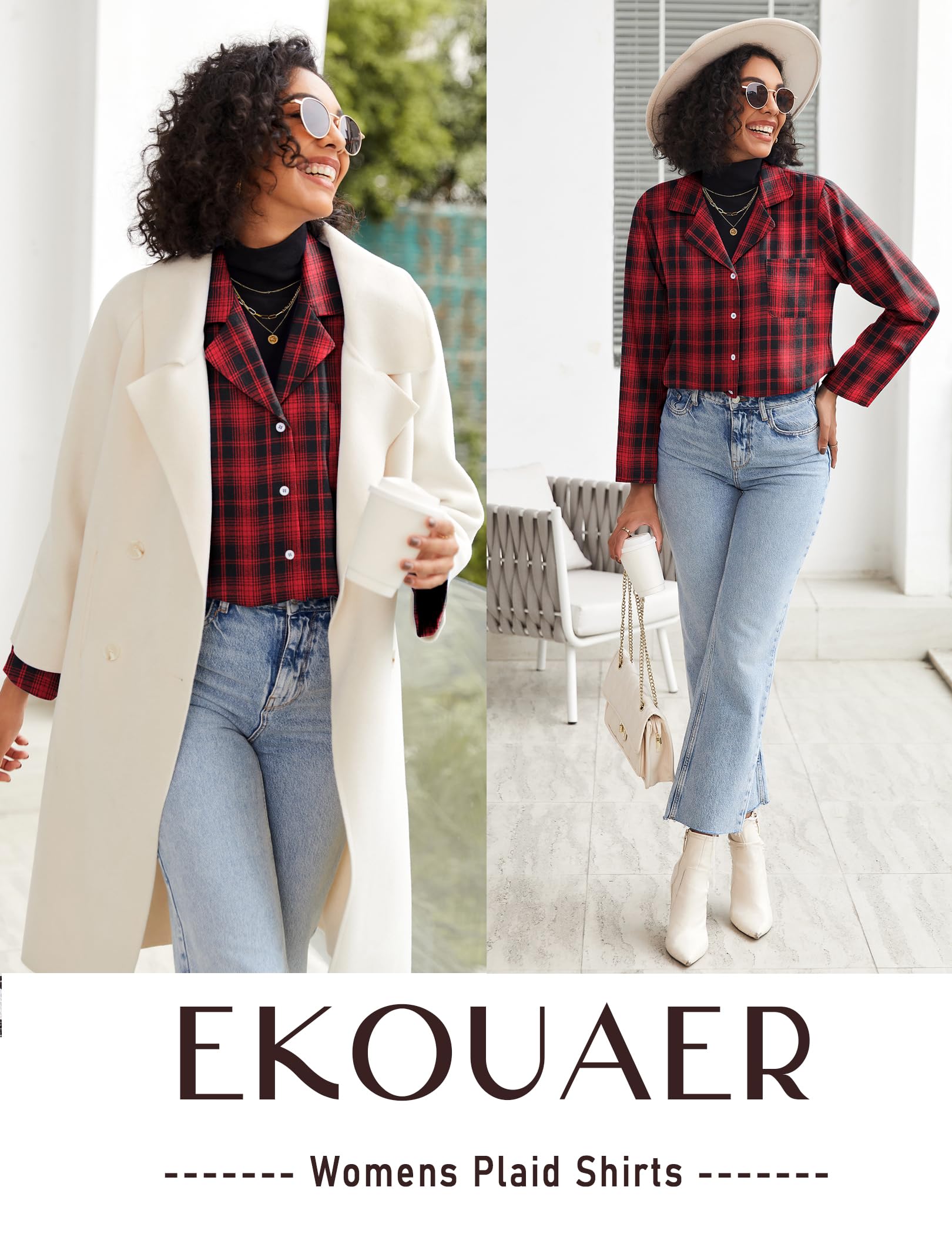 Ekouaer Womens Pajama Sets 2 Piece Cotton Plaid Pjs Long Sleeve Sleepwear Button Down Lounge Set with Pockets