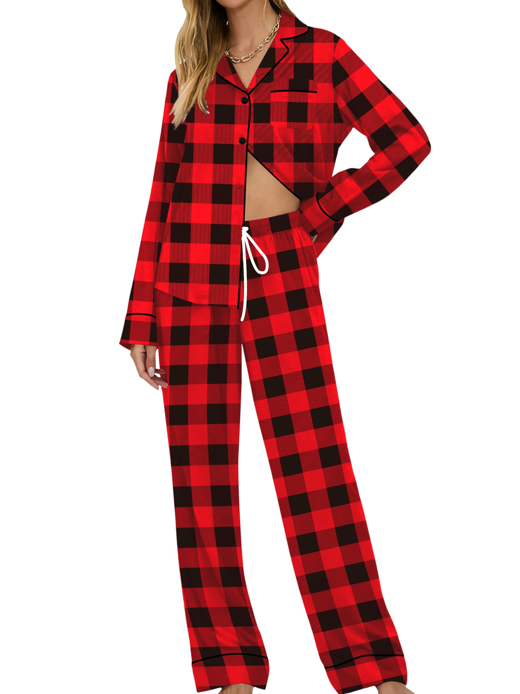 SWOMOG Womens Pajamas Set Long Sleeve Sleepwear Button Down Nightwear Soft Cotton Pj Lounge Sets