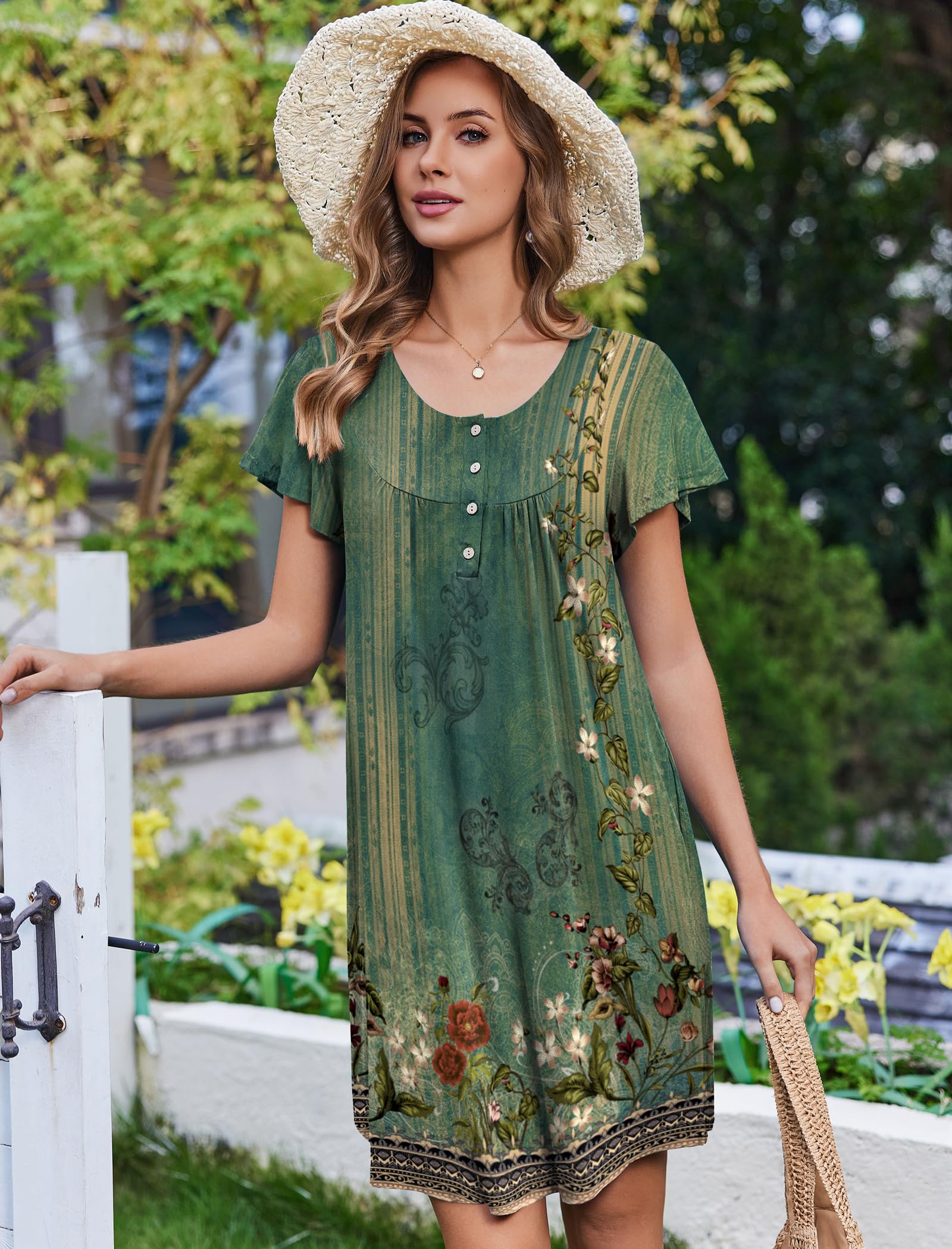 Ekouaer 2 Pack House Dresses for Women with Pockets Short Sleeve Moo Moos | Ruffle Sleeve Mumu Dress, Soft Button Front Nightgown, Two Side Pockets, Comfy Sleepwear, Perfect for Your Mom, Grandma, Gift WEBE CLOTHING