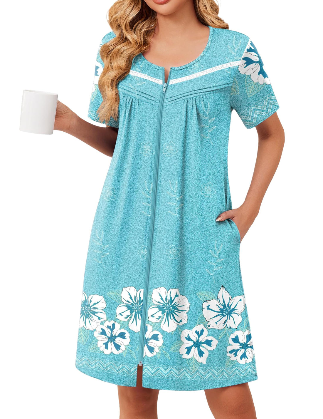 Ekouaer Womens Zip Up Robe Lace Short Sleeve Bathrobes | Knee Length Zipper Housecoat, Lightweight Nightgowns,Zipper Front House Coat with Pockets