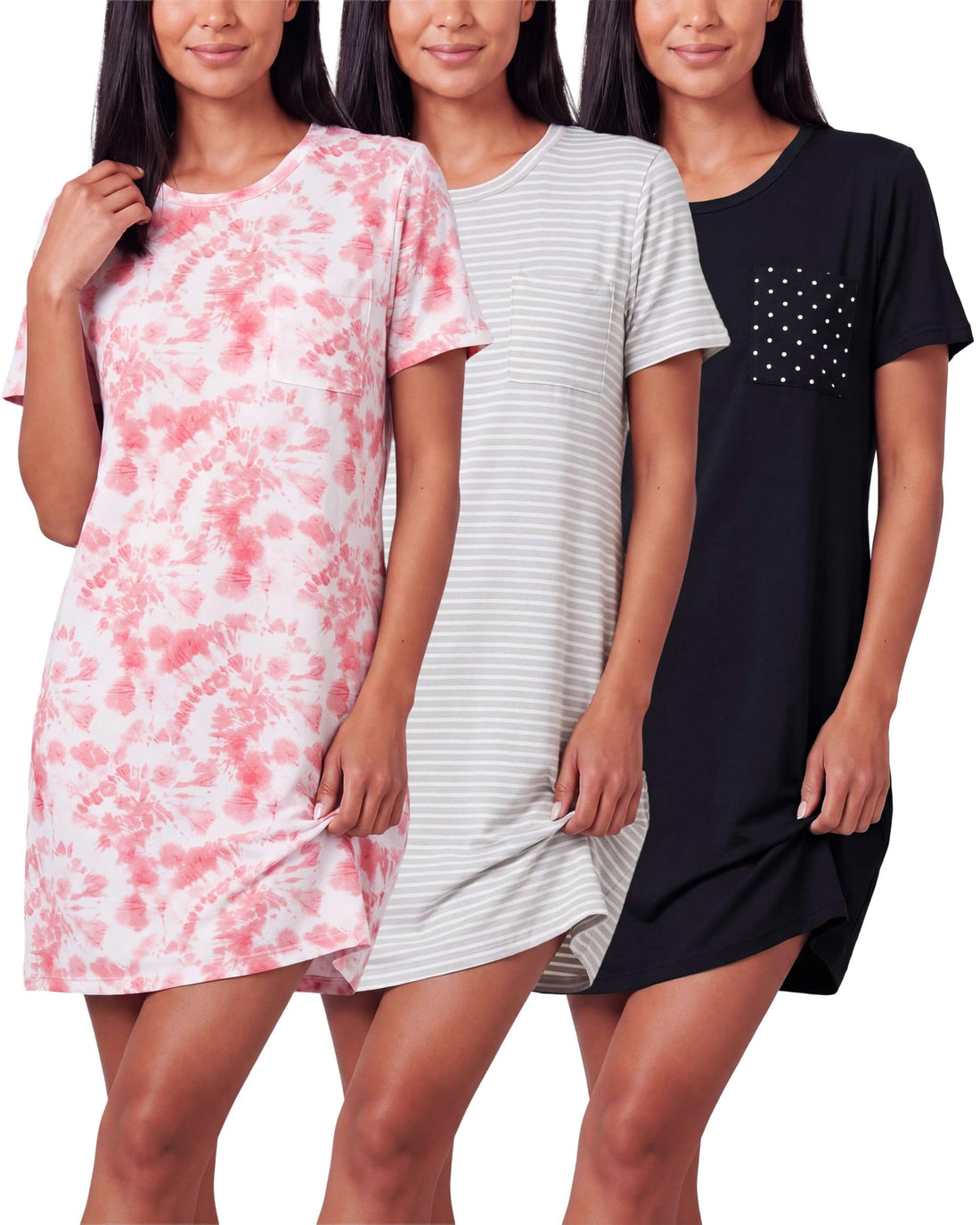 Real Essentials 3 Pack: Women's Short Sleeve Nightgown Dress – Nightshirt Pajama Sleep Shirt Sleepwear (Available In Plus)