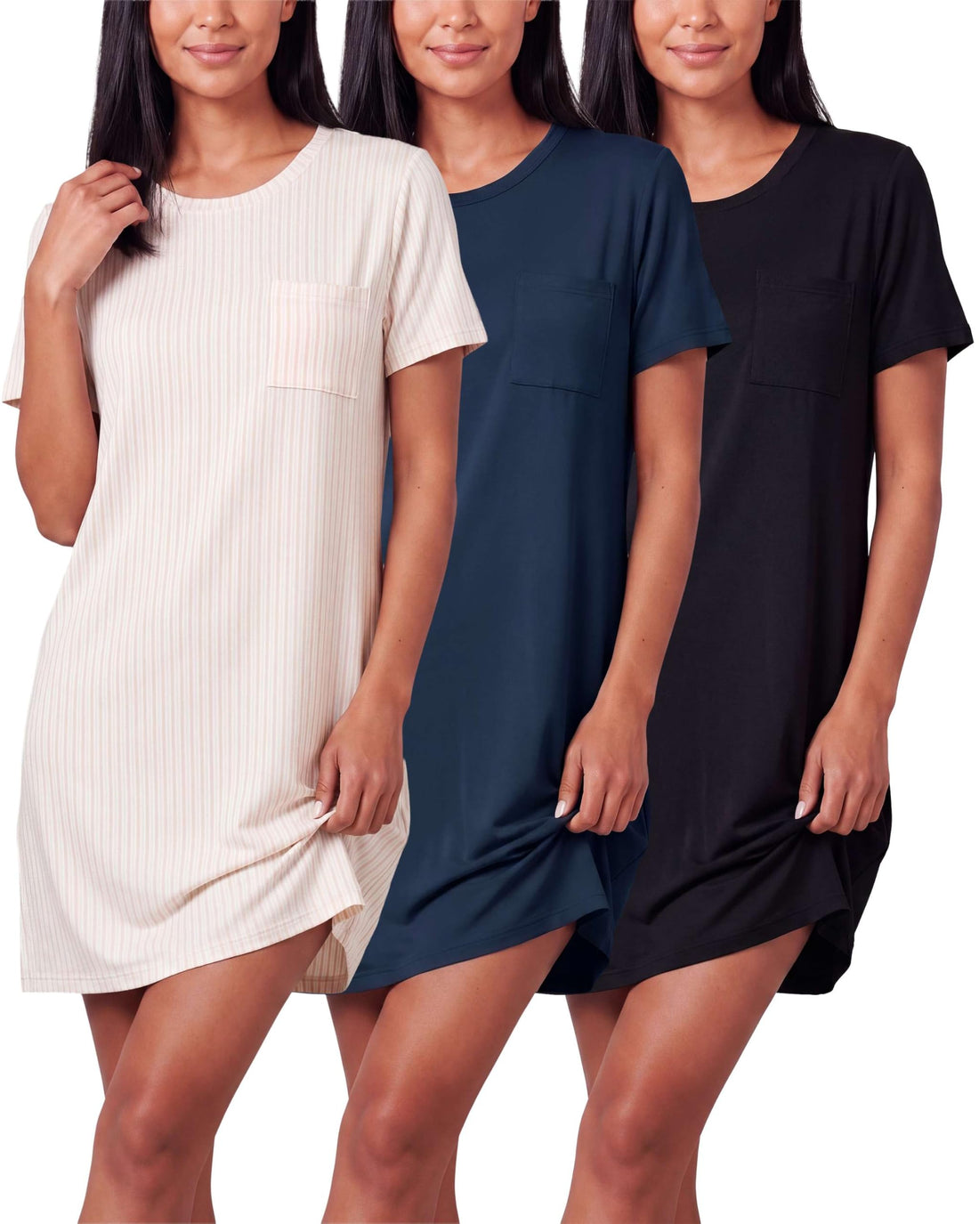 Real Essentials 3 Pack: Women's Short Sleeve Nightgown Dress – Nightshirt Pajama Sleep Shirt Sleepwear (Available In Plus)