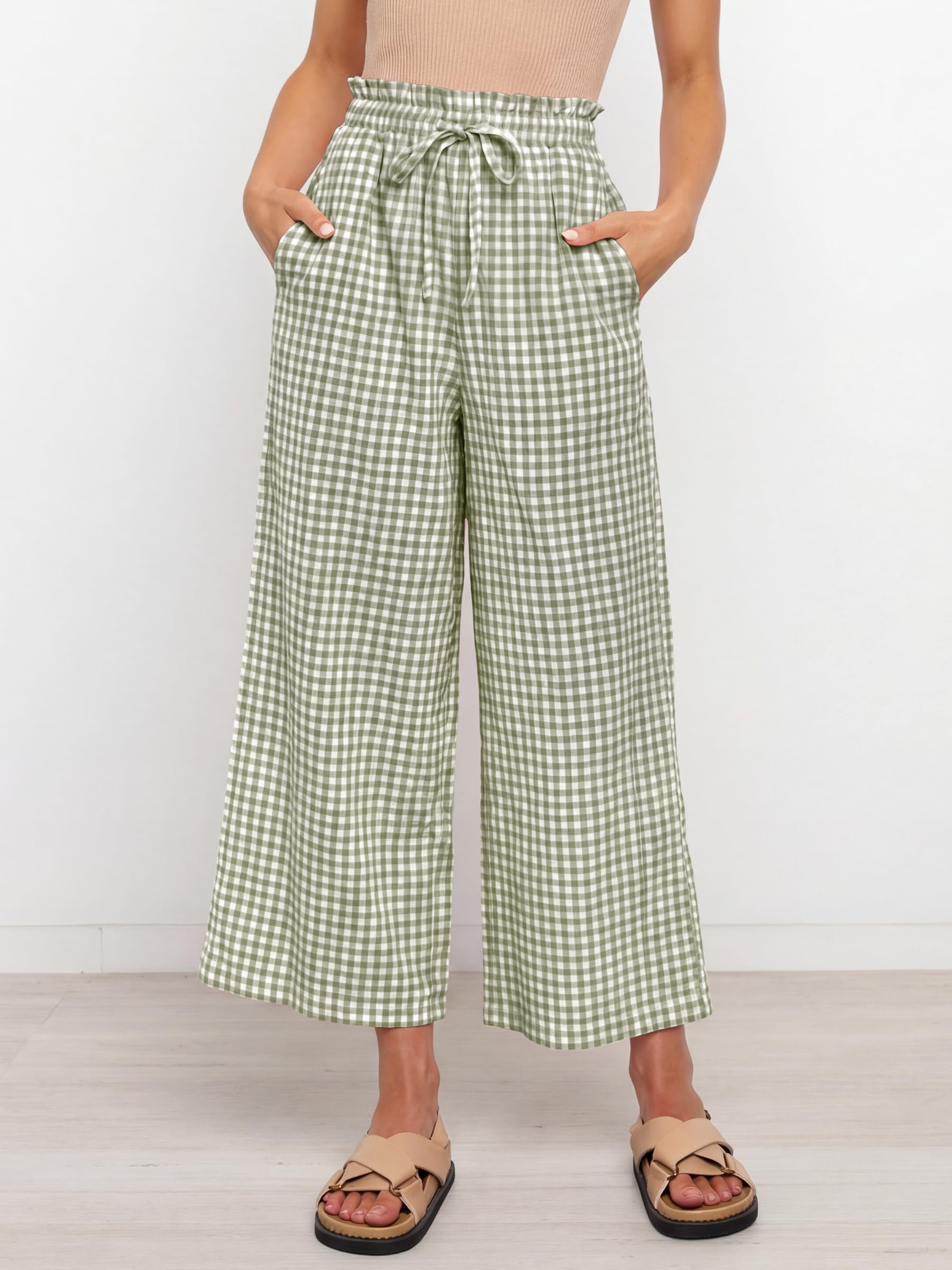 ANRABESS Womens Striped Gingham Palazzo Capri Pants Pajama Wide Leg Lounge Trousers Plaid Cute Crop PJ Bottoms with Pockets