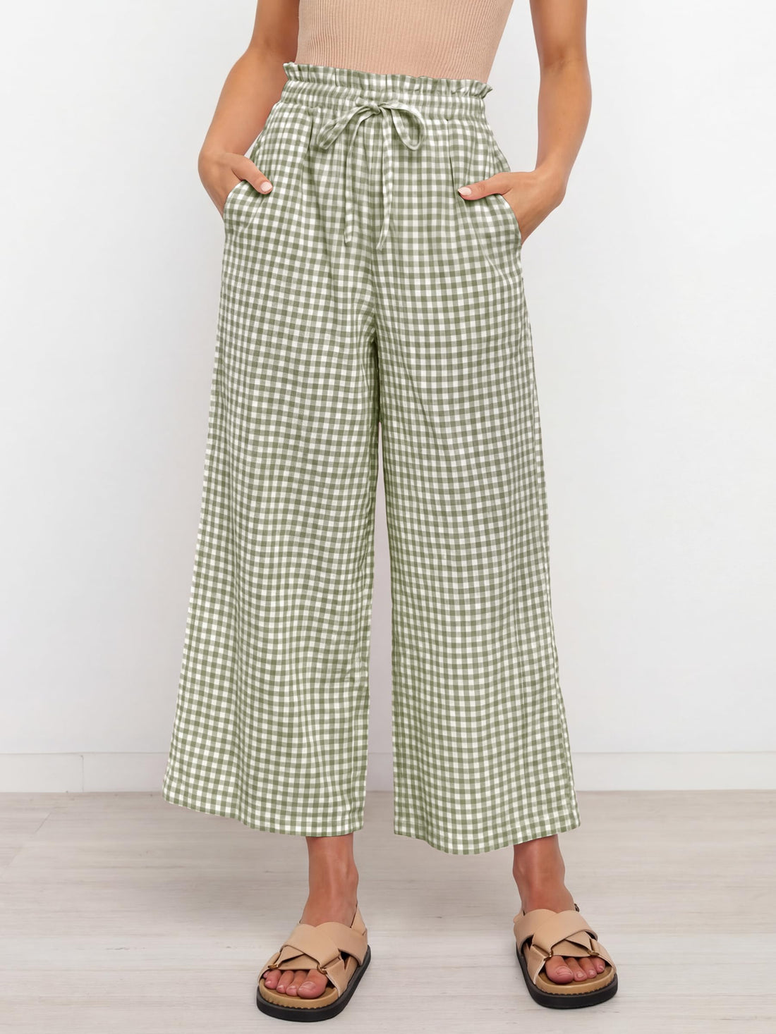 ANRABESS Womens Striped Gingham Palazzo Capri Pants Pajama Wide Leg Lounge Trousers Plaid Cute Crop PJ Bottoms with Pockets