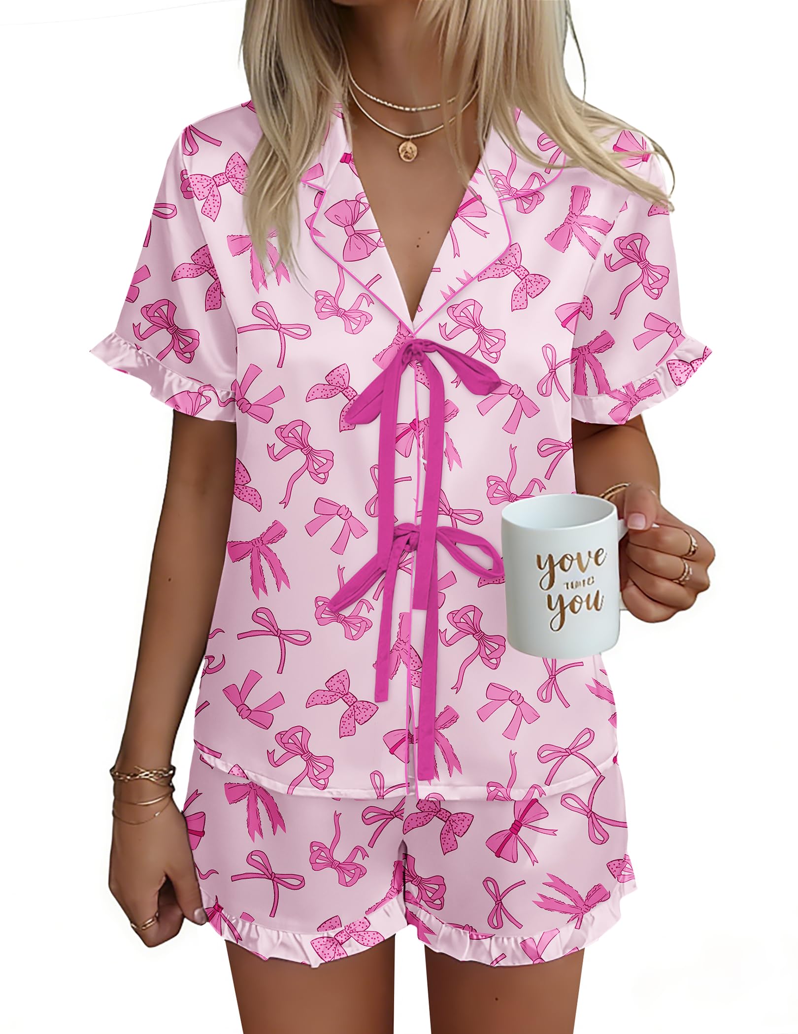 Ekouaer Satin Pajama for Women Short Sleeve Silky Pj Short Set Bow Front Tie Up Loungewear Sleepwear