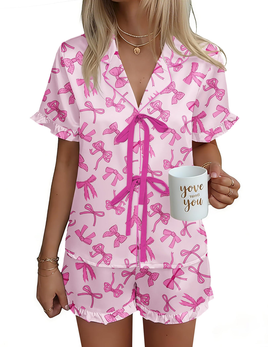 Ekouaer Satin Pajama for Women Short Sleeve Silky Pj Short Set Bow Front Tie Up Loungewear Sleepwear