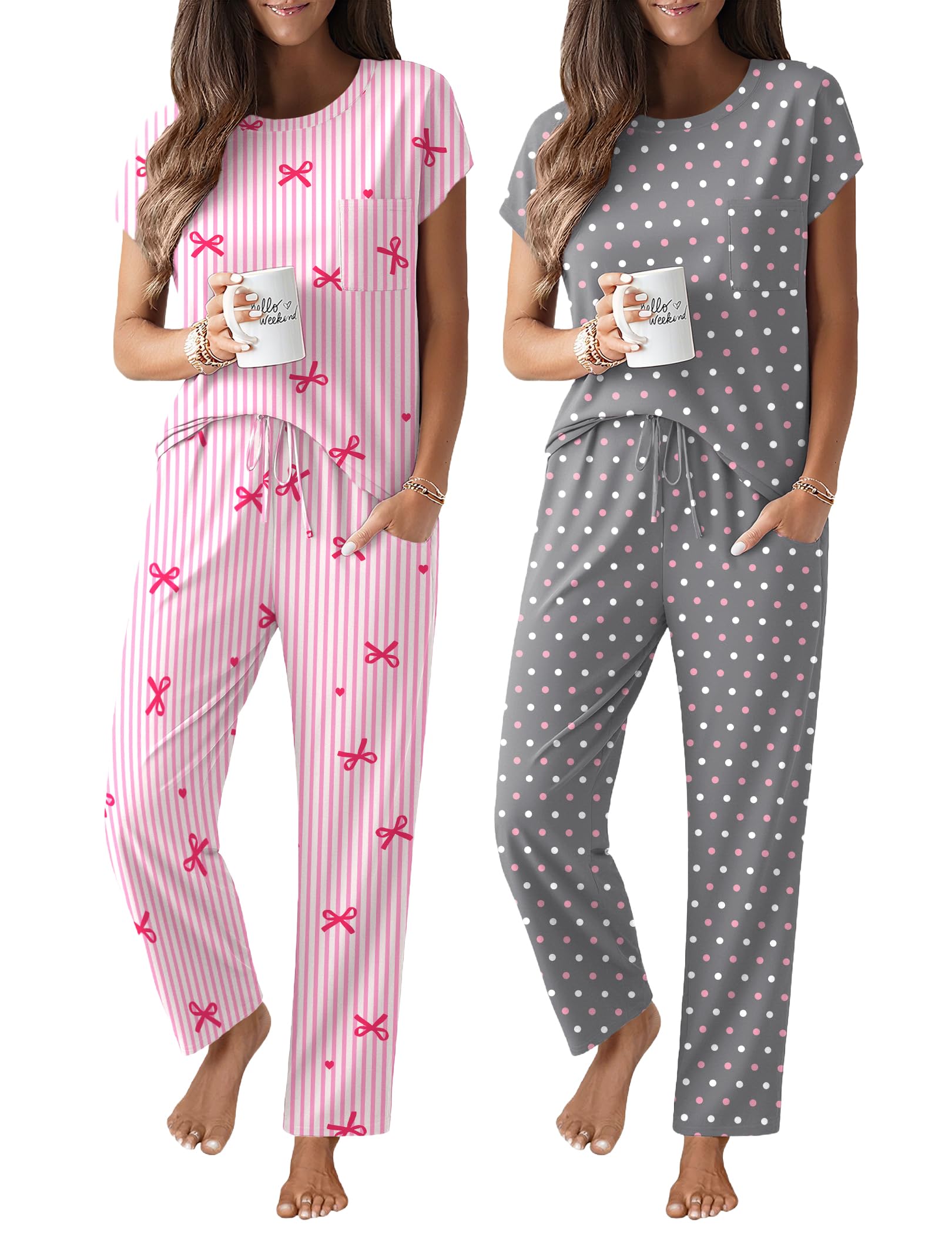 Ekouaer 2 Packs Pajamas for Women Set Cap Sleeve Top and Pants Soft Sleepwear Comfy Pjs Set with Pockets Loungewear