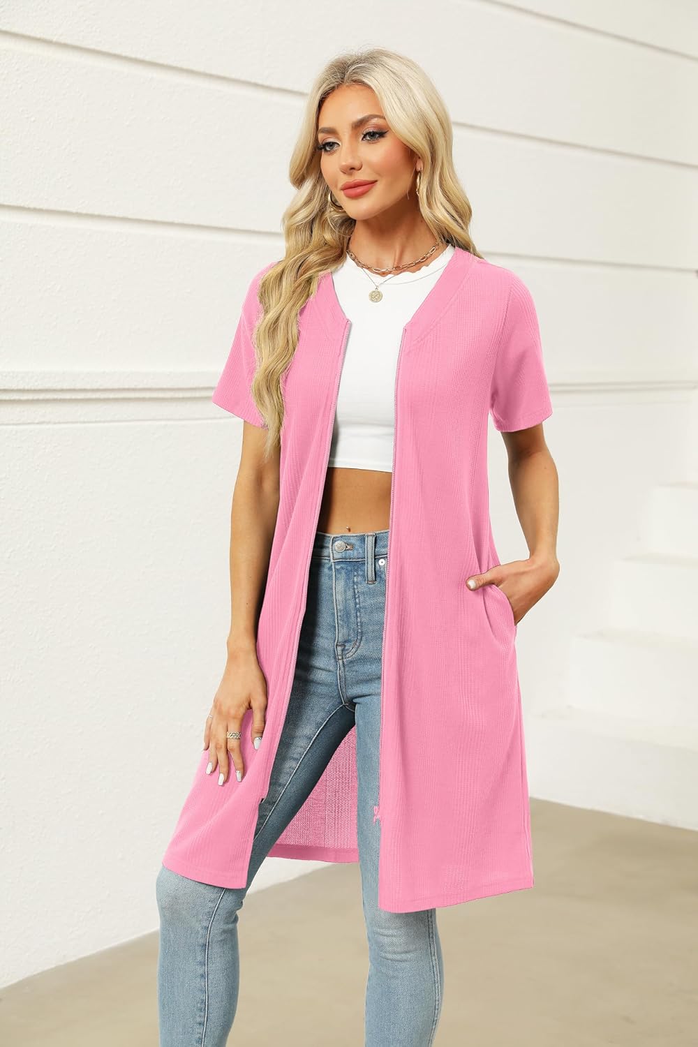 Ekouaer Women Zipper Robe Waffle Bathrobe Short House Coat with Pockets | Lightweight Robe, Short Sleeve, Waffle Material, V Neck WEBE CLOTHING