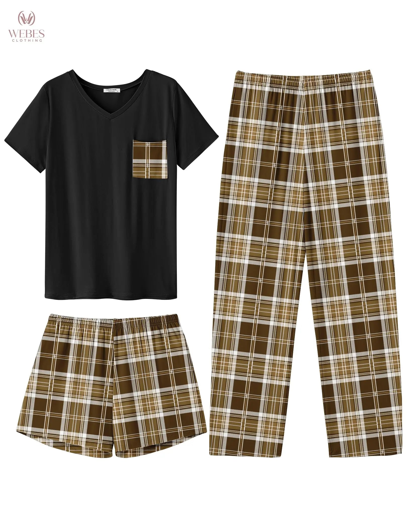 Ekouaer Women's 3 Piece Pajama Set Short Sleeve Sleepwear Pj Set Top and Shorts Pants Pjs with Pockets WEBE CLOTHING