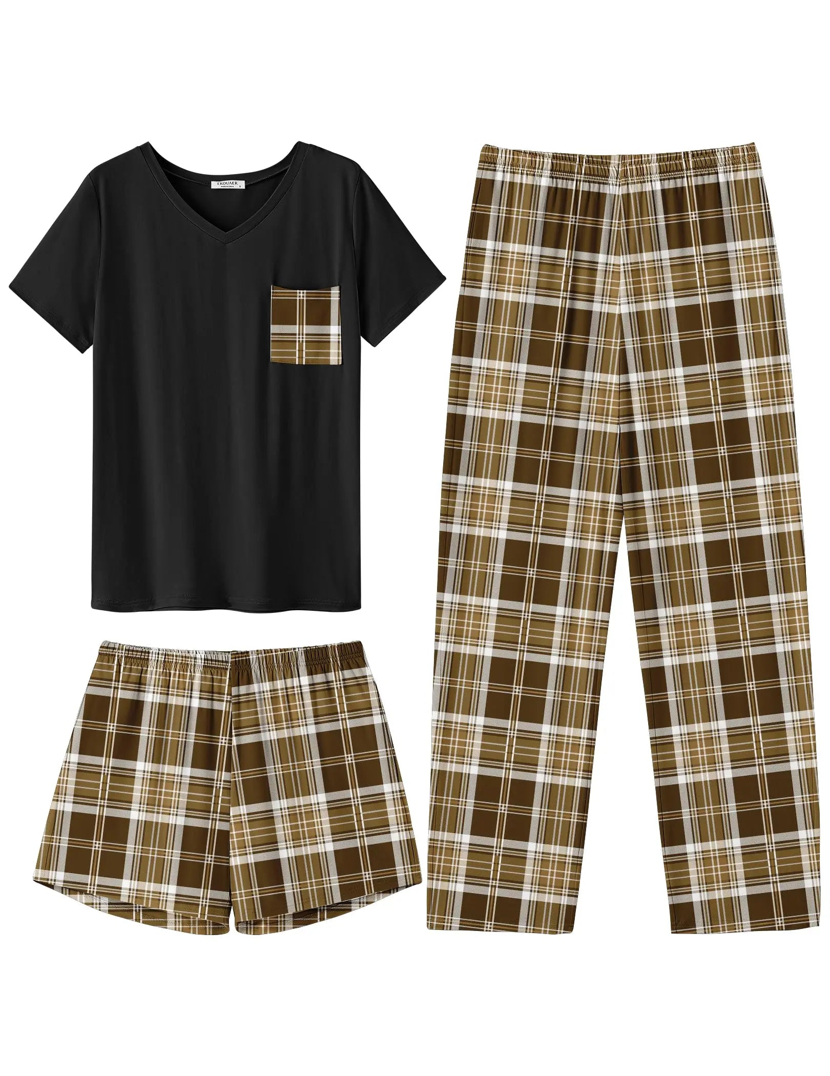Ekouaer Women's 3 Piece Pajama Set Short Sleeve Sleepwear Pj Set Top and Shorts Pants Pjs with Pockets WEBE CLOTHING