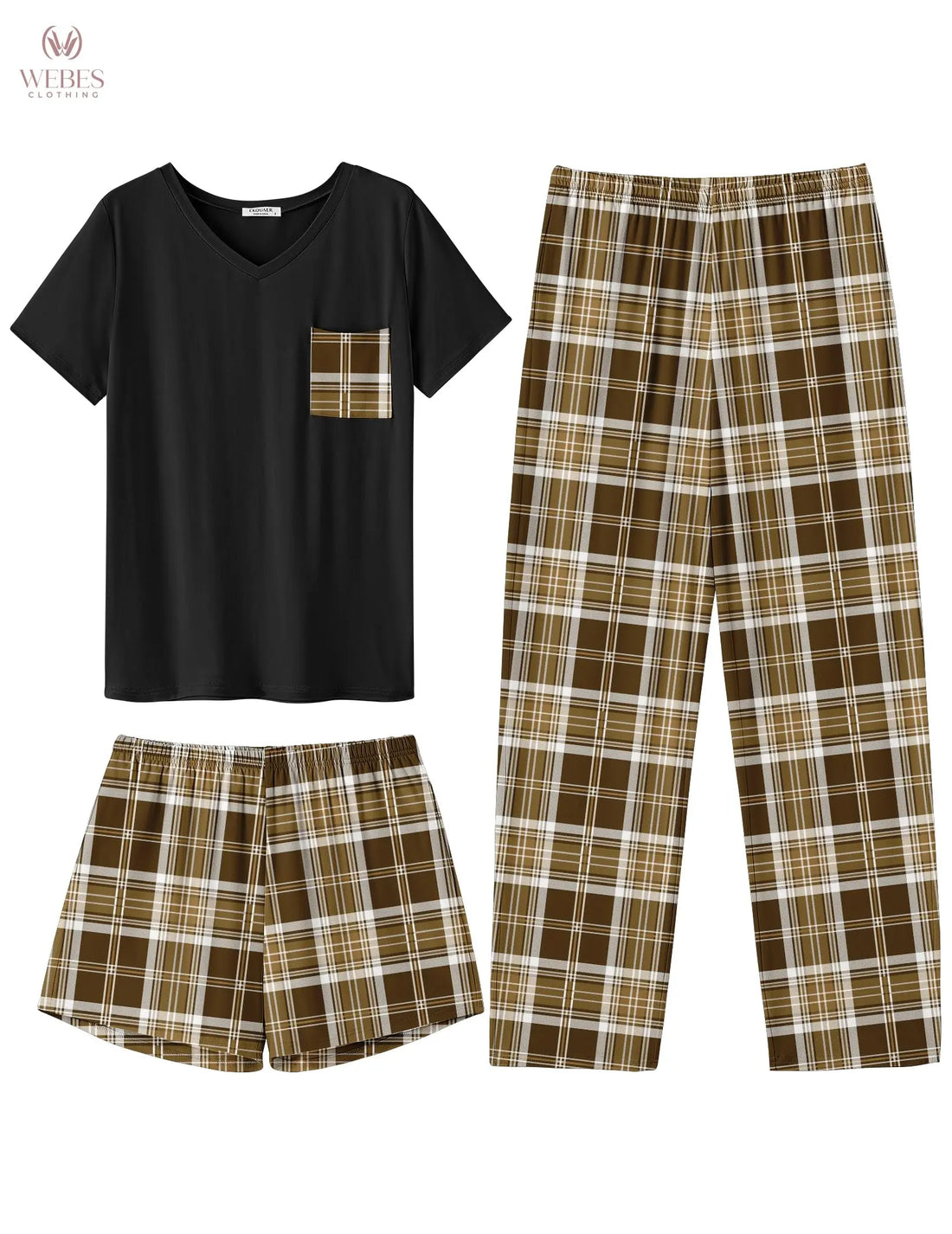 Ekouaer Women's 3 Piece Pajama Set Short Sleeve Sleepwear Pj Set Top and Shorts Pants Pjs with Pockets WEBE CLOTHING