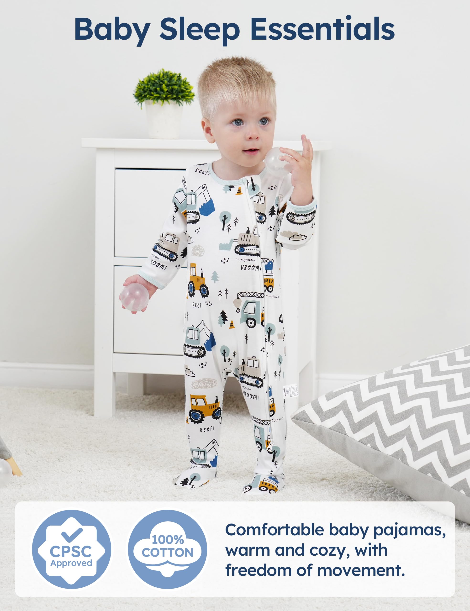 Unnivoll Baby Pajamas 100% Cotton Baby Sleepers for Newborn 0-3 3-6 6-9 Months 3Pcs Footie Pajamas Baby Boys Girls Clothes