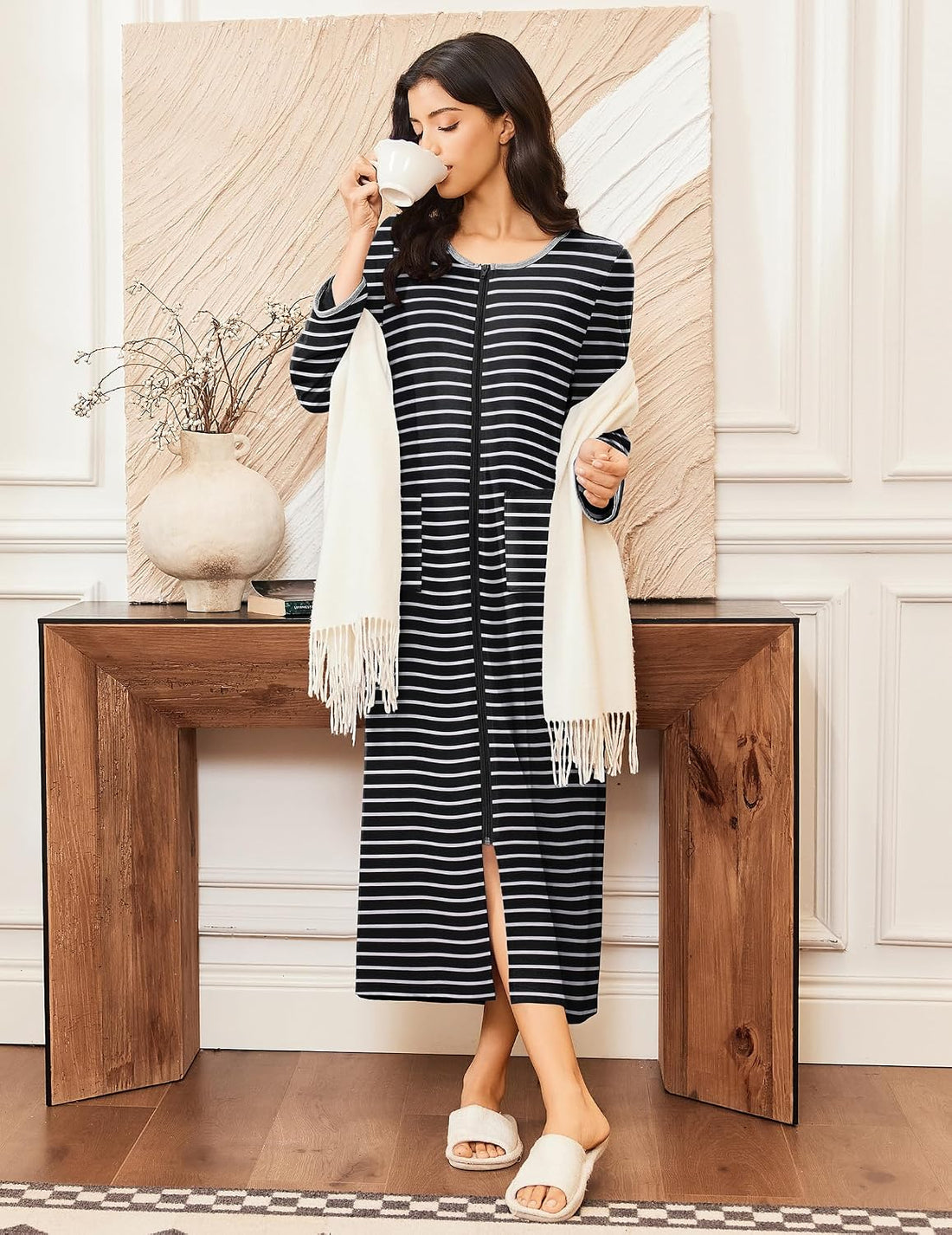 Ekouaer Women Robe Zipper House Coat Full Length Nightgowns with Pockets | Pockets, V Neck, Soft and Comfy WEBE CLOTHING