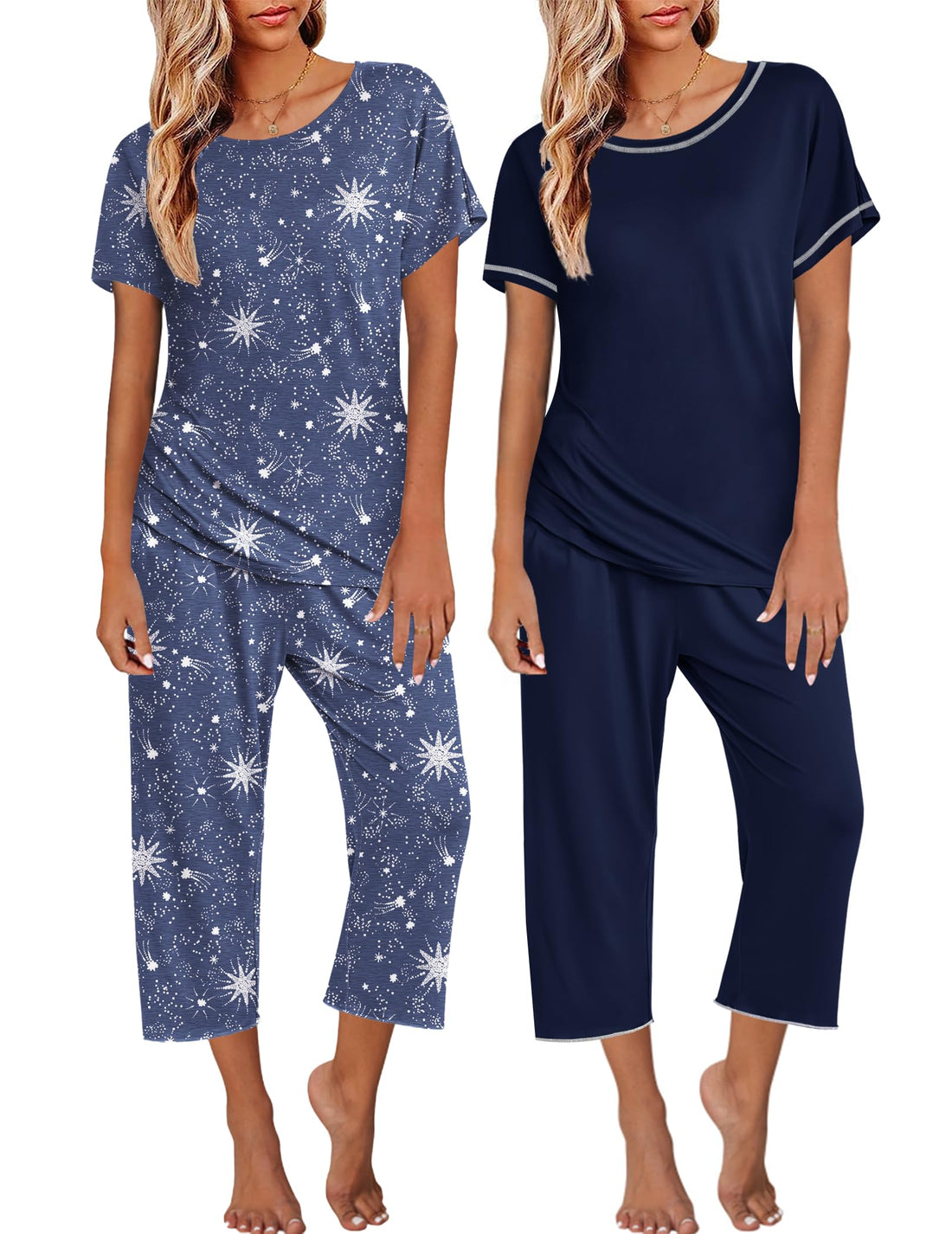 Ekouaer 2 Pack Womens Pajamas Sets Short Sleeve Tops and Capri Pants Pjs Colorful Printed Sleepwear Sets