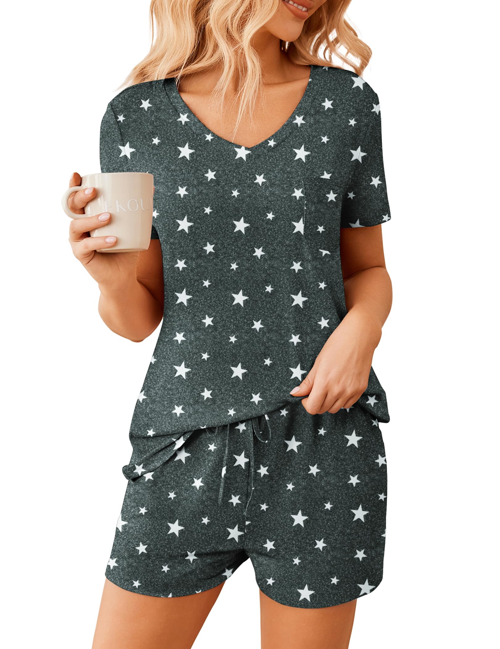 Ekouaer Womens Pajama Sets Short Sleeve Pajamas for Women Sets Soft Lounge Sets Casual V Neck Sleepwear PJS