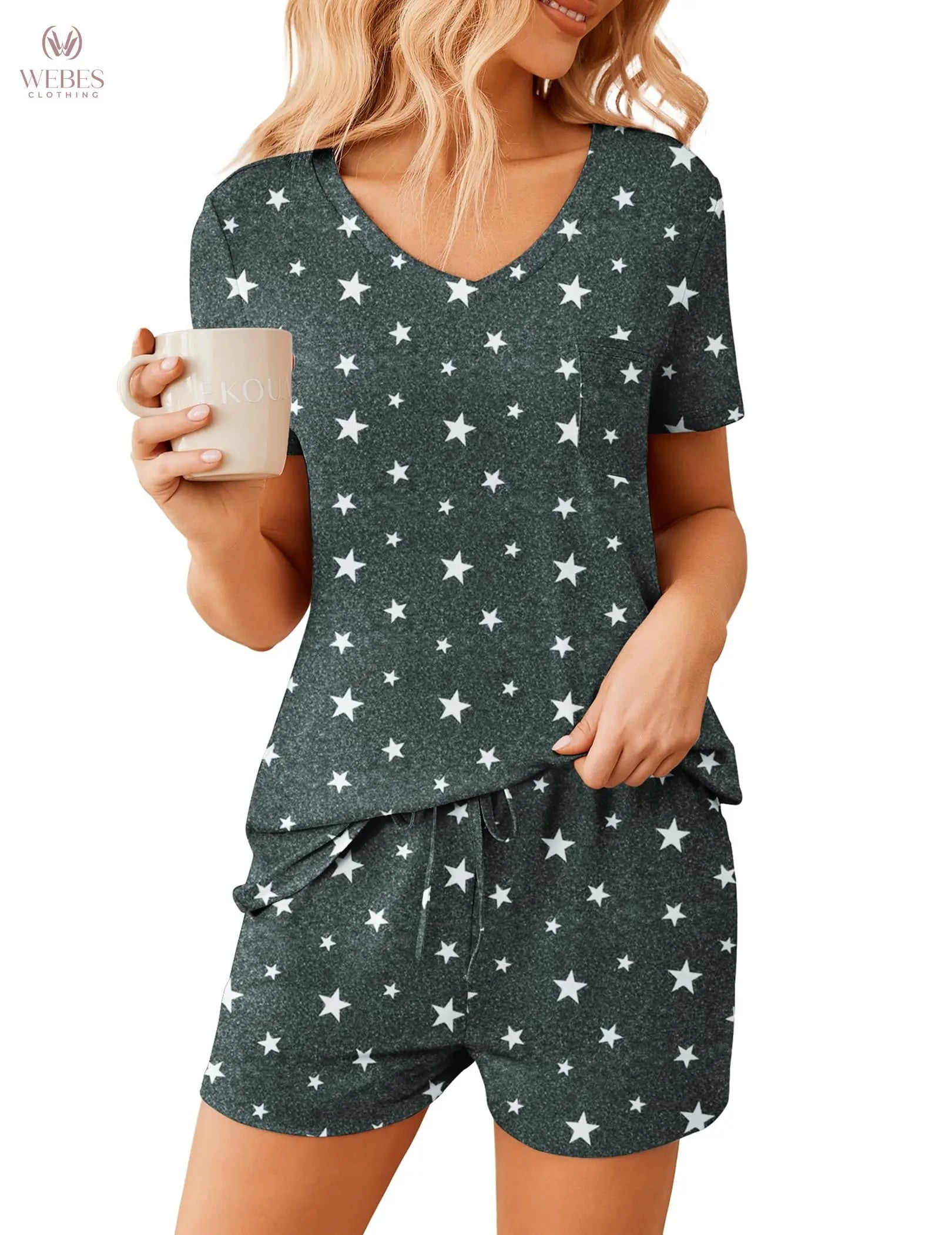 Ekouaer Womens Pajama Sets Short Sleeve Pajamas for Women Sets Soft Lounge Sets Casual V Neck Sleepwear PJS