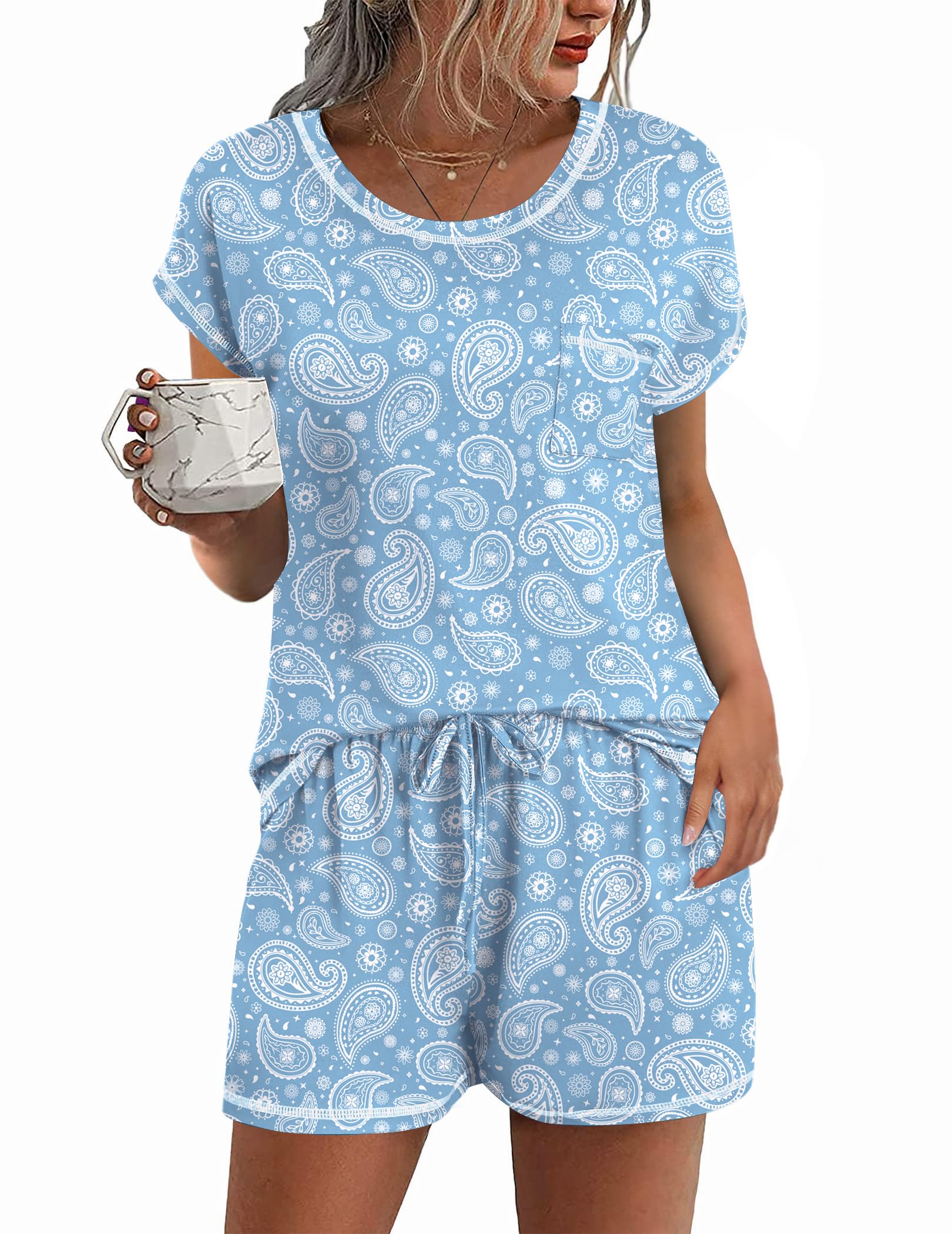 Ekouaer Womens Pajama Sets 2 Piece Soft Short Sleeve Top and Shorts Sleepwear Round Neck Pjs Lounge Set with Pockets