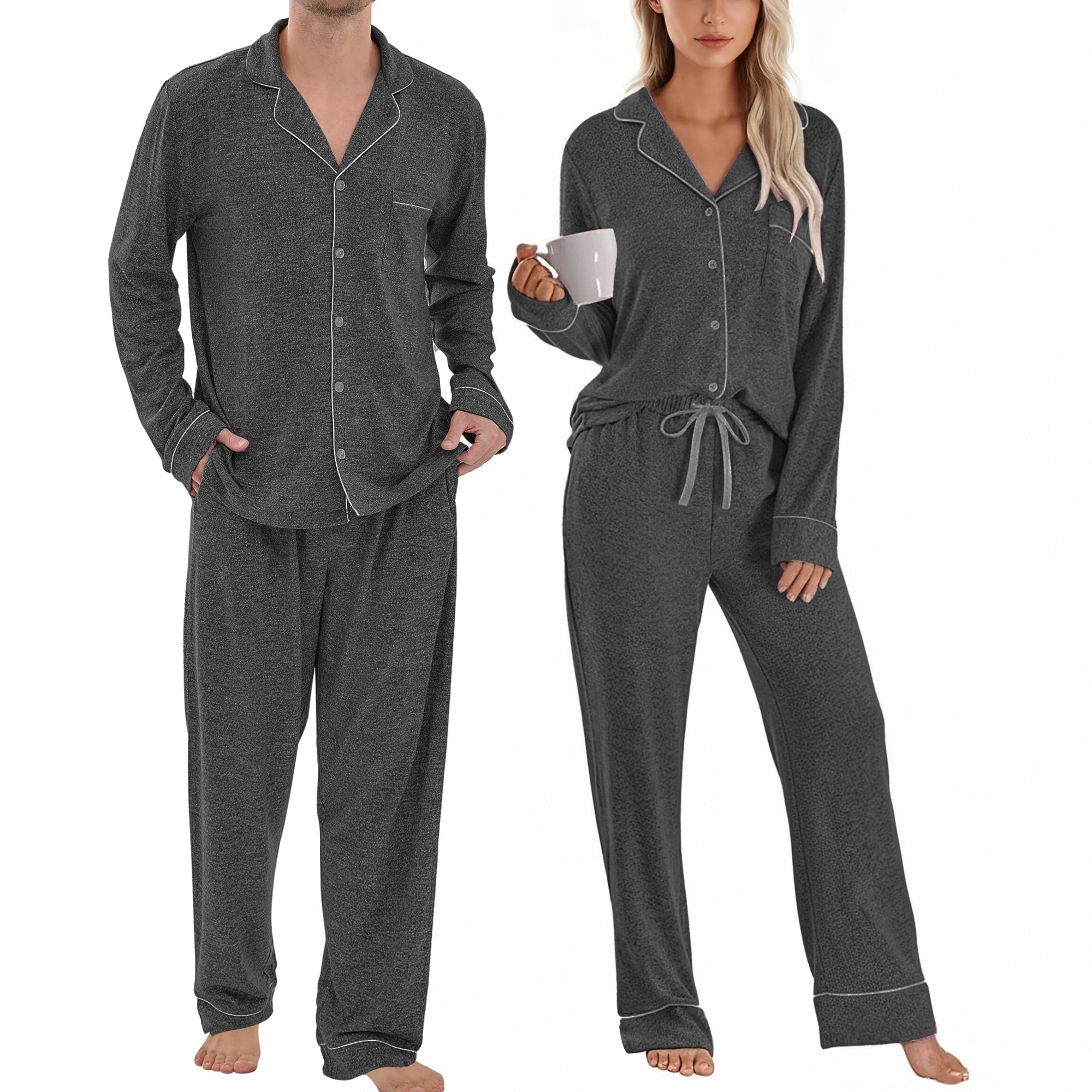PJGGZ Matching Pajamas for Couples, Button Down Loungewear Soft Warm Long Sleeve Sleepwear His and Hers Pajamas Sets WEBE CLOTHING