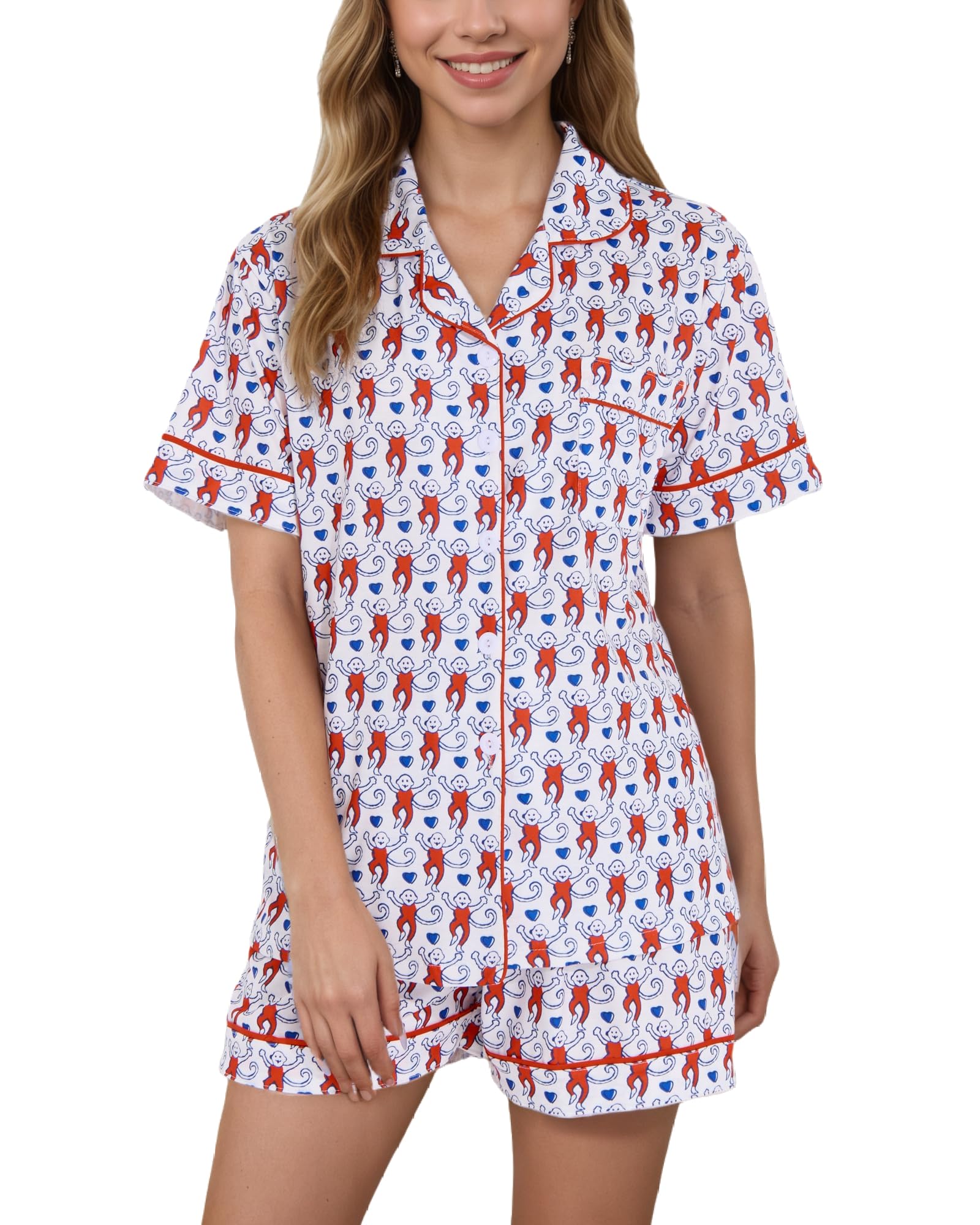 Women Y2k Pajamas Set Cute Preppy 2PCS Button Down Holiday Monkey Shorts Summer Outfit Beach Vacation Loungewear PJs WEBE CLOTHING