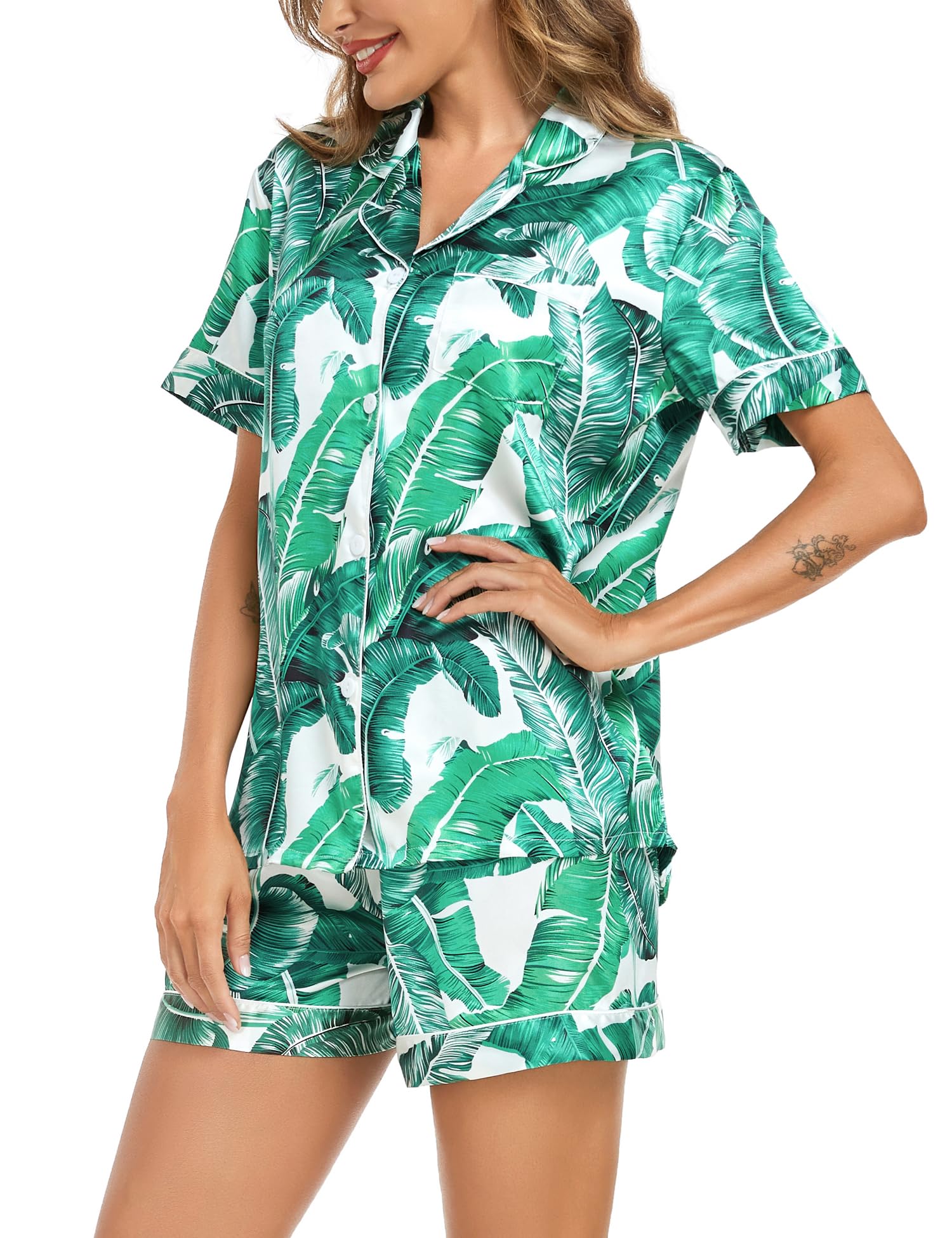 SWOMOG Couple Matching Pajamas Sets Women & Men Button Down Silk Pjs Men Short Sleeve Soft Lounge Sets 2 Pcs Loungewear