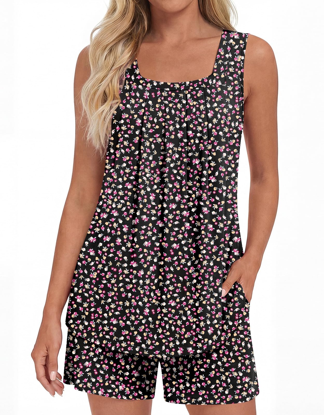 LONGYUAN Womens Sleeveless Pajama Set Soft Summer Lounge Shorts Tank Top Sleepwear with Pockets 2 Piece Set M-3XL