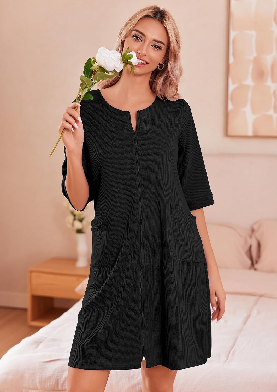 Ekouaer Zip Up Robes for Women Short Waffle Bathrobe Lightweight house coat 3/4 Sleeve Soft Nightgown with Pockets S-3XL WEBE CLOTHING