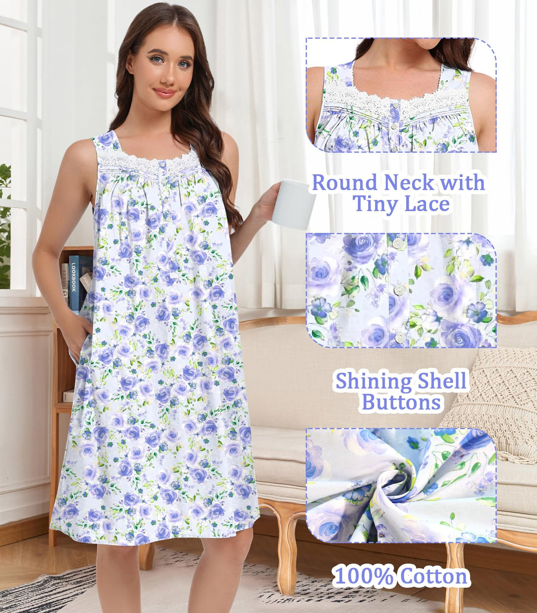 Sleeveless Nightgowns for Women 100% Cotton Nightgown Sleep Dress Soft Ladies Gowns Sleepwear Nightdress WEBE CLOTHING
