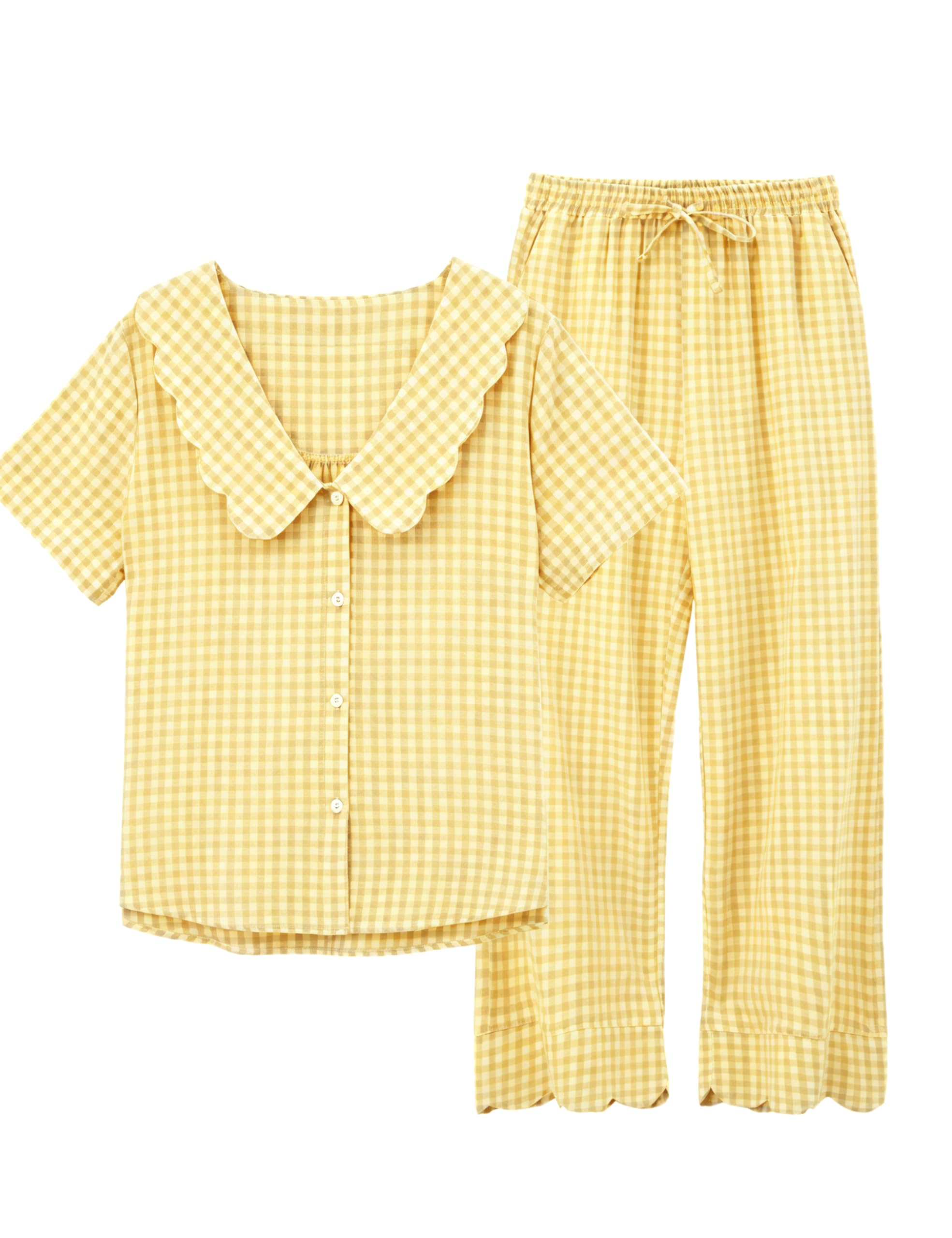 Tanming Womens Gingham 2 Piece Pajamas Sets Puff Sleeve Babydoll Shirt Ruffle Pants Pj Lounge Set Sleepwear WEBE CLOTHING