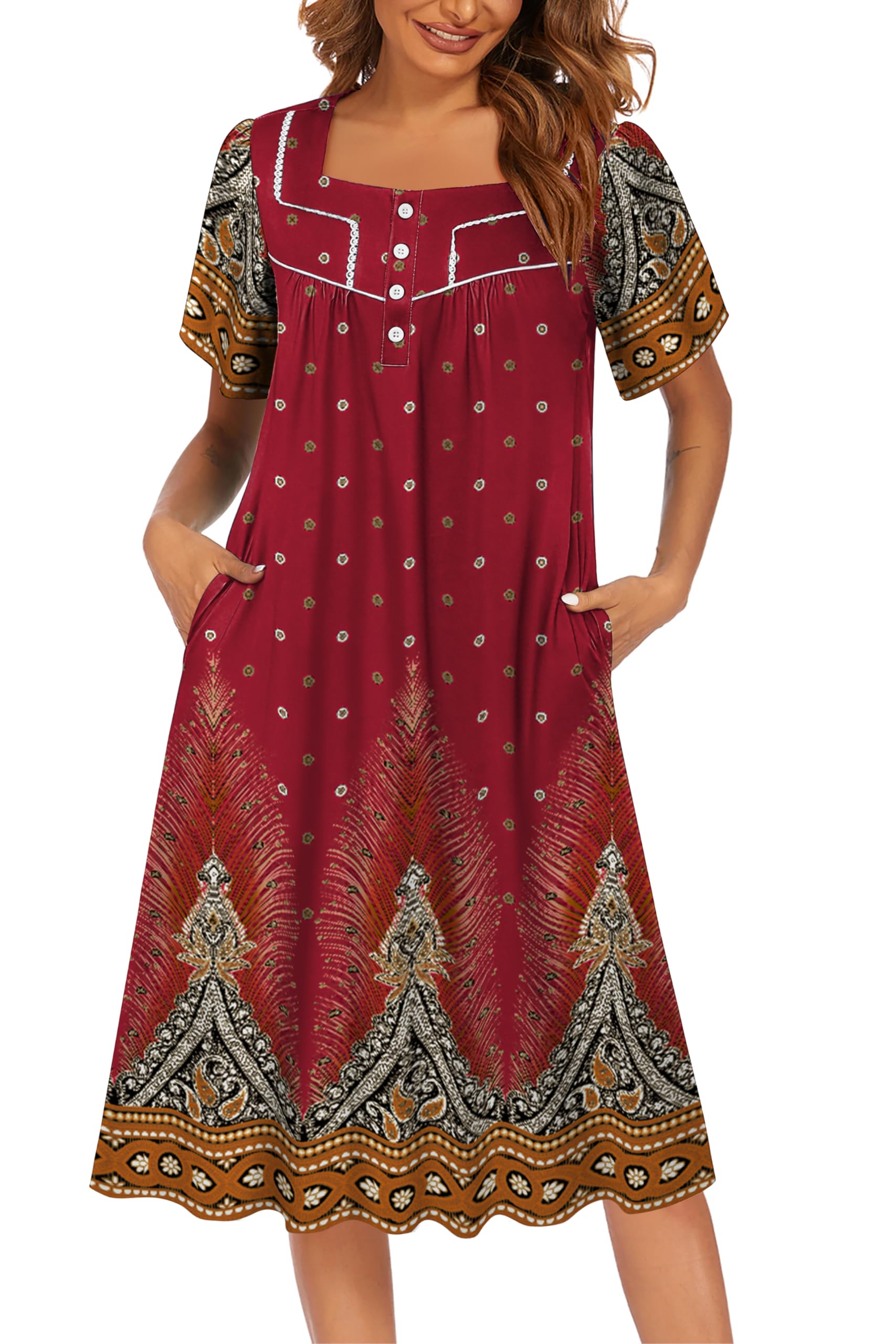 Ekouaer Women's House Dress with Pockets Moomoo Dresses Short Sleeve Mumu Nightgown Lounge Dress Button Down Sleepwear WEBE CLOTHING