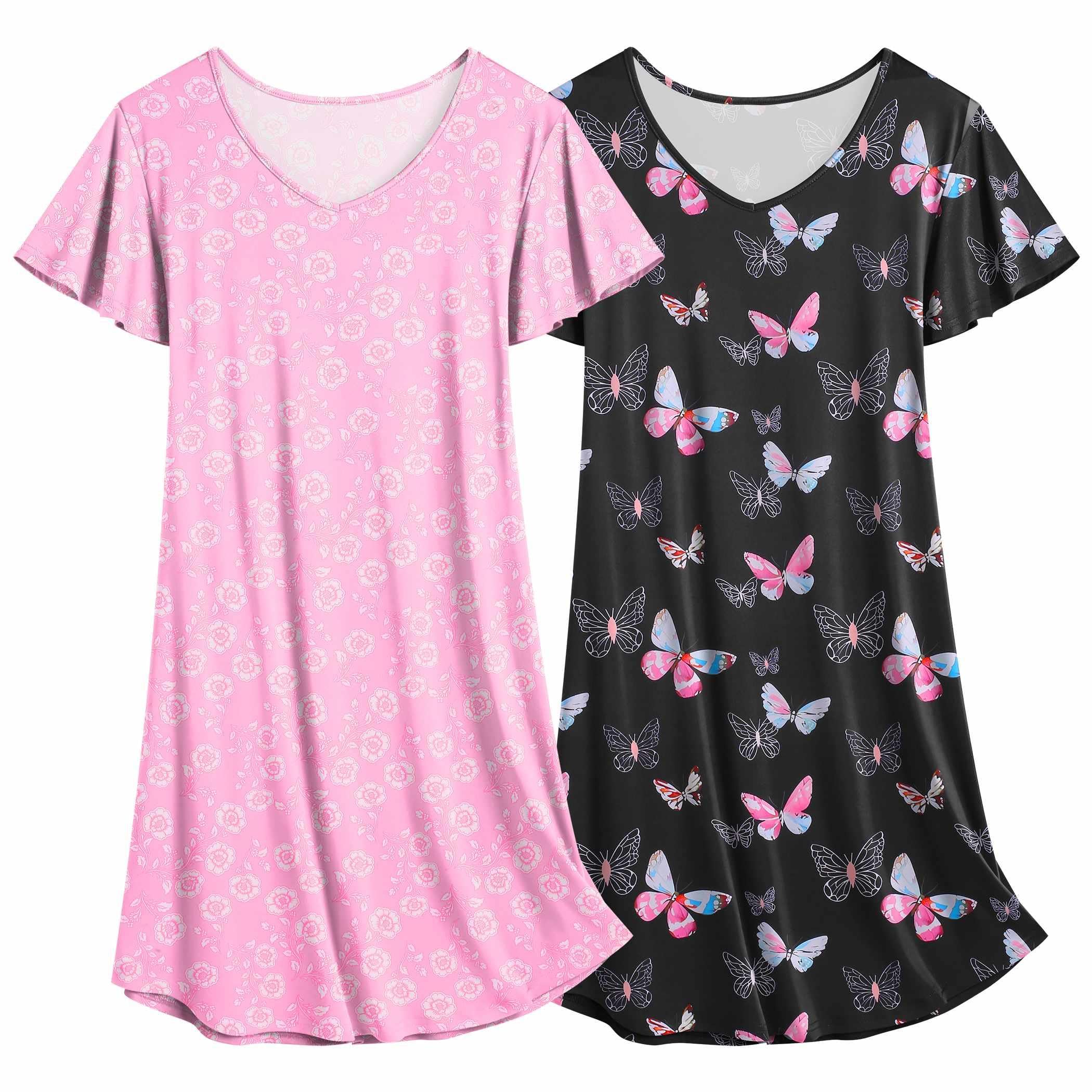 Ekouaer 2 Pack Women's Nightgown Short Sleeve Nightshirts Comfy Soft Pajama Sleep Dress