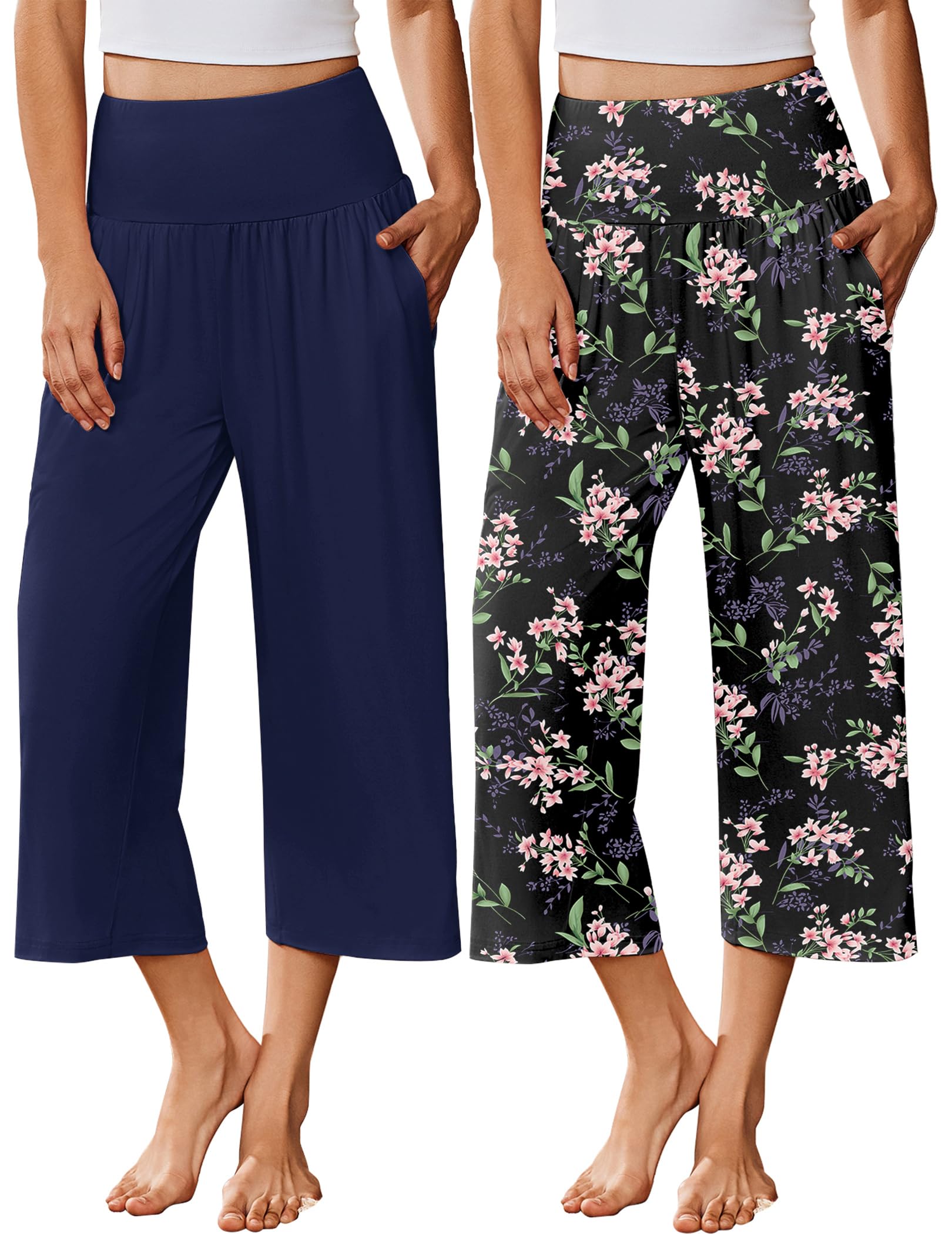 Ekouaer 2 Pack Womens Pajama Pants 2026 Wide Leg Capri Yoga Pants Lounge Comfy Sleep Pj Bottoms with Pockets