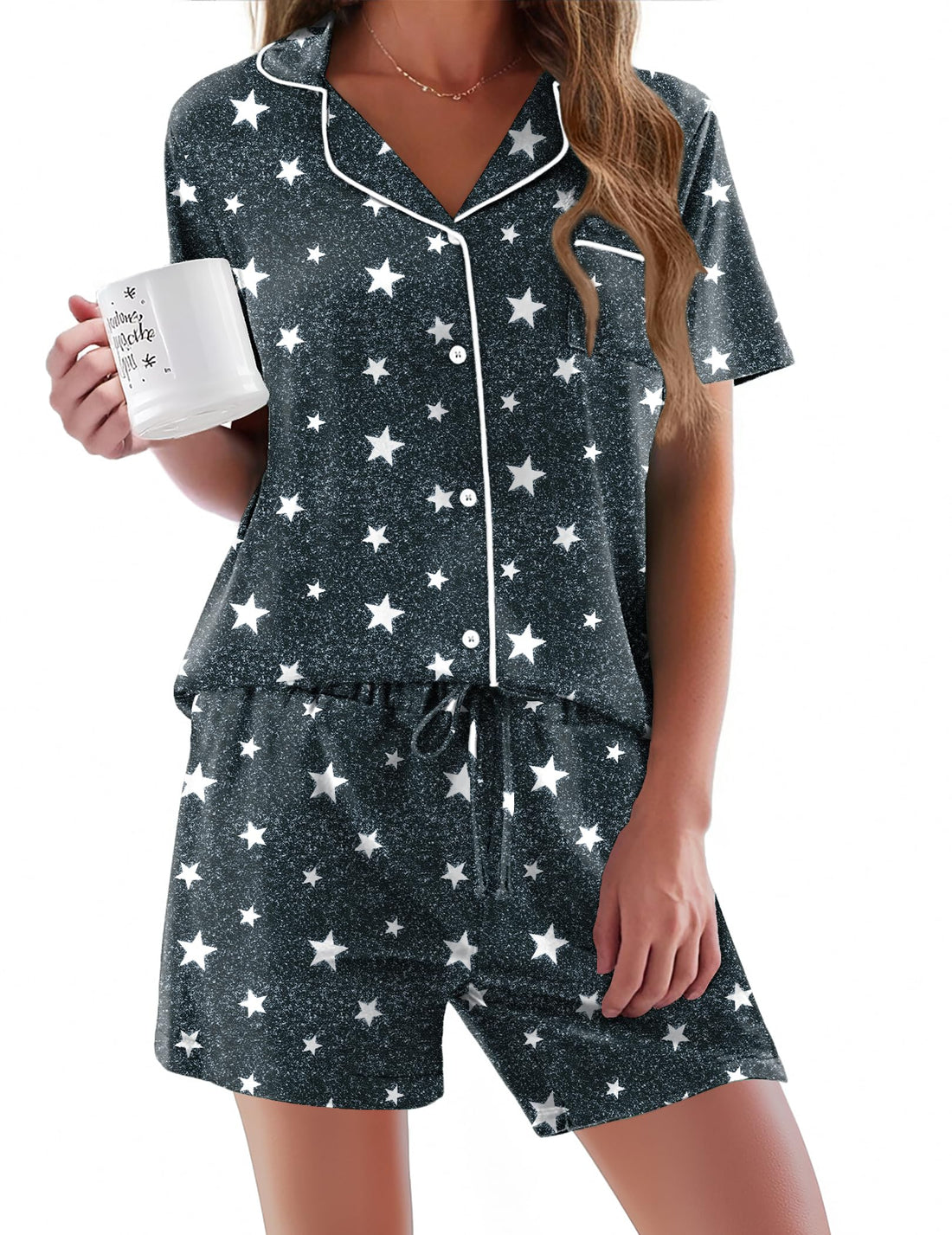 Ekouaer Pajamas Set for Women Short Sleeve Sleepwear Button Down Pjs Soft 2 Piece Lounge Sets XS-XXXL